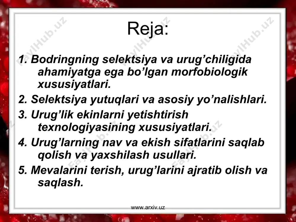 ddalariga ta’sir etirib erkak gullarning tug’ilishini kechiktirib, urg’ochi gullar tug’ilishini kuchaytirish mumkinligi aniqlangan. bodring hashorotlar yordamida changlanadi. asosiy hashorot asa­larilar bo’lib, bunda chumoli ham ishtiroq etadi. changlar 3 kun o’z changlash qobiliyatini saqlaydi. chang ravshan yorug’lik va yuqori (27 – 300s) haroratga bardosh bera olmaydi. gullar asosan ertalab ochiladi. erkak gullar ochilgandan keyin 1-2 kun urg’ochi gullar esa 3-4 kunda so’lib qoladi. bodringning germofrodit gullar hosil qiladigan, shuningdek, asosan erkak va urg’ochi gul tugib, qisman 2 uyli bo’ladigan xillari ham bor. selektsiyada geterozisni yuzaga chiqarish uchun ularning ana shunday xususiyatidan foydalanadi. www.arxiv.uz www.arxiv.uz www.arxiv.uz www.arxiv.uz bodringda, ayniqsa issiq xonalarda o’stiriladigan yirik mevali navlarida partenokarpiya hodisasi keng tarqalgan. urug’i bo’lmaydigan mevalar ochilgan mevalarning tovarlik sifatlarini uzoqroq saqlab qolishga va mevalarni ko’proq vaqt oralatib, kamroq marta yig’ib olishga imkon beradi. o’simliklardagi jami urg’ochi gul­larning o’rtacha 56.7 –66.7 % gullarida mevalar hosil bo’ladi, to yetil­guncha esa 27% mevalar saqlanib qoladi. mevalarda o’rtacha 196-225 …