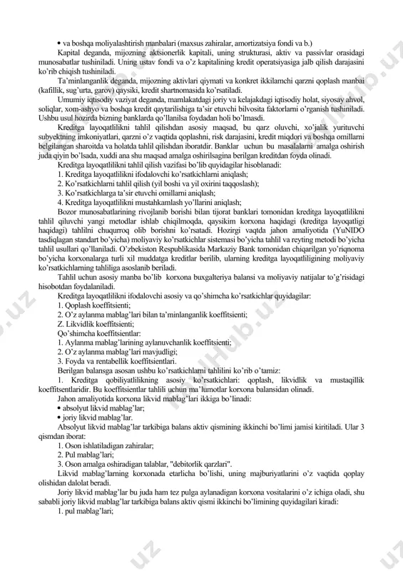 ga: a) kredit olishga oid buyurtmanomaning ko’rib chiqilishi va bo’lg’usi qarz oluvchining huquqiy maqomini aniqlash maqsadida uning o’rganilishini; b) qarz oluvchining moliyaviy holati tahlilini va kreditga baholashni; v) kreditlanayotgan loyihaning kompleks ekspertizasining o’tkazilishini; g) kredit shartnomasini rasmiylashtirish va tuzishni oladi. bunda: - (a) va (b ) bandlarida ko’rsatilgan kredit buyurtmanomasini ko’rib chiqish muddati bank qarz oluvchiga kredit buyurtmanomasiga yozma xulosa beradigan 5 bank ish kunidan oshmasligi kerak; - xo’jalik yurituvchi subyektlarning kredit so’rab taqdim etilgan hujjatlar to’plami va arizalari tuman bank bo’limlari kredit komissiyasi tomonidan arizalar kelib tushgan kundan boshlab 10 kundan oshmagan, viloyat kredit komissiyasi tomonidan 15 kundan oshmagan muddatda va markaziy idora kredit ko’mitasi tomonidan 30 kun davomida ko’rib chiqilib, kredit berish yoki bermasligi to’g’risida yozma ravishda xulosa berishlari lozim bo’ladi. (kichik biznes va xususiy tadbirkorlik loyihalariga va markaziy bankning tegishli me’yoriy xujjatlari asosida ko’rib chiqish muddati o’rnatilgan investiyiya loyihalari bundan mustasno). kredit shartnomasi bank bilan qarz oluvchi …