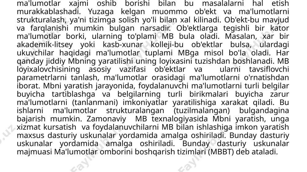 mat kursatish va foydalanuvchilarni mb bilan ishlashiga imkon yaratish maxsus dasturiy uskunalar yordamida amalga oshiriladi. bunday dasturiy uskunalar yordamida amalga oshiriladi. bunday dasturiy uskunalar majmuasi ma'lumotlar omborini boshqarish tizimlari (mbbt) deb ataladi. mbbtning funksiyalari ekranda tasvirlanadi. foydalanuvchi kursorni harakatlantirish orqali tegishli funksiyani aniqlashi va bajarishga chaqirishi lozim. tizim aniqlangan funksiyalarni bajarib bo'lgandan so'ng yana menyu holatiga qaytadi. dasturiy tartibda tegishli buyruqlar kiritiladi, dasturlar qayta ishlanadi va bajarishga chaqiriladi. . dasturlash tillari bir qator belgilarga ko'ra turkumlarga ajratiladi. . o'zgaruvchanlik; . jarayonlilik; . foydalanilayotgan matematik apparat va boshqalar. ma'lumotlarning bazasini boshqarish tizimi. ma'lumotlarning bazasini boshqarish tizimining shunday imkoniyatlarini, ya'ni ma'lumotlar sirliligi va himoyalanishni ta'minlash, inkordan keyin ma'lumotlar bazasining tiklanishi, ma'lumotlar bazasi bilan ishlashda hisob yuritish lozimdir. ma'lumotlar bazasi – ma'lum sohaga oid o'zaro boglangan ma'lumotlar yig'indisining disk tashuvchidagi tashkiliy jamlanmasi. relyacion ma'lumotlar bazasi – ikki o'lchamli jadvallarning mohiyatmunosabat mehanizmi orqali bog'lanishidir. ma'lumotlar sxemasini qurilayotganda access avtomatik tarzda tanlangan maydon orqali jadvallar …