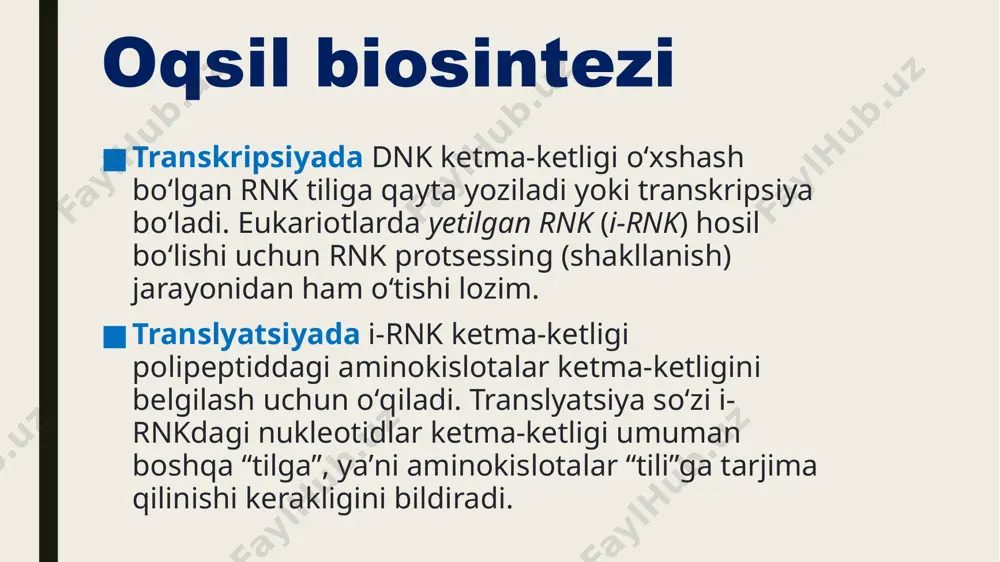 xil boiadi. yuqorida bayon etilgan qonuniyatlaming namoyon boiishiga sabab genlar faoliyatining regulatsiyasi tufayli har bir to'qima hujayralarida muayyan guruh genlargina faol holatda, boshqalari esa passiv holatda boiishligi molekular genetiklar tomonidan isbotlangan. genlar faoliyatining genetik regulatsiyasi haqidagi nazariya va bu nazariyaga asoslangan oqsillarning sintez qilinishini ifodalovchi model 1961-yilda fransuz olimlari f. jakob va j. monolar tomonidan kashf etildi . mazkur kashfiyot prokariot organizmlar vakili ichak tayoqchasi bakteriya (.e.coli) sida amalga oshirilgan molekular genetik tadqiqotlar natijasida «operon nazariyasi» nomi bilan ataldi. ushbu nazariyaga binoan strukturaviy genlar faoliyatini regulatsiya qiluvchi genlar funksiyasiga qarab ikkiga boiinadi: 1.operator geni i-rnk da strukturaviy genlaming oldida joylashgan boiadi. ushbu gen joylashgan i-rnk ning qismi operon deb ataladi. operator geni strukturaviy genlar faoliyatini bevosita boshqarish funksiyasini bajaradi. 2.regulator geni genotipning operondan boshqa qismida joylash­gan boiib, operator genining faoliyatini boshqarish funksiyasini bajaradi. mazkur gen repressor deb nomlangan oqsilni sintez qiladi. hozirgacha olingan dalillarga binoan eukariot organizmlarda genlar faoliyatining regulatsiyasi …