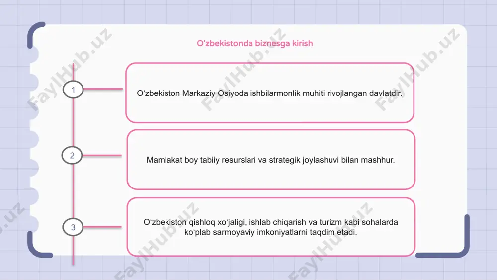 tsial mijozlarga kirish imkonini beradi. o‘zbekistonda ham barqaror iqtisodiyot va xorijiy sarmoyani faol ravishda olg‘a surayotgan hukumat mavjud. bu bozorga chiqmoqchi bo'lgan kompaniyalar uchun qulay ishbilarmonlik muhitini yaratadi. o'zbekistonning asosiy sanoat tarmoqlari o‘zbekistonda to‘qimachilik, qishloq xo‘jaligi, tog‘-kon sanoati, ishlab chiqarish kabi turli sohalar mavjud. toʻqimachilik sanoati oʻzbekistonning asosiy tarmoqlaridan biri boʻlib, paxta yetishtirishga katta eʼtibor qaratilgan. qishloq xoʻjaligi sohasi ham ahamiyatli boʻlib, oʻzbekiston mintaqadagi eng yirik meva-sabzavot ishlab chiqaruvchilardan biridir. 1 2 3 o'zbekistonda infratuzilma va logistika o‘zbekistonda biznesni qo‘llab-quvvatlovchi rivojlangan infratuzilma va logistika tizimi mavjud. mamlakatda yuklarni tashishni osonlashtiradigan keng yo'llar, temir yo'llar va aeroportlar tarmog'i mavjud. bundan tashqari, o‘zbekistonda xorijiy sarmoyalarni jalb qilish maqsadida maxsus iqtisodiy zonalar va sanoat parklari tashkil etilgan. o'zbekistonda biznes uchun madaniy mulohazalar o‘zbekistonda biznes yuritishda mamlakatning boy madaniy merosini hisobga olish muhimdir. o‘zbekistonda milliy o‘zlikni anglash kuchli, uning an’ana va urf-odatlarini qadrlaydi. o‘zbekiston asosan musulmonlar davlati bo‘lib, bu yerda biznes yuritishda islom urf-odatlari …