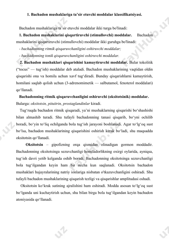 ng qisqarish tezligi va qisqarishlar amplitudasi oshadi. oksitotsin ko‘krak sutining ajralishini ham oshiradi. modda asosan to‘lg‘oq sust bo‘lganda uni kuchaytirish uchun, shu bilan birga bola tug‘ilgandan keyin bachadon atoniyasida qo‘llanadi. pituitrin – gipofiz orqa bo‘limining ekstrakti bo‘lib, uning tarkibida oksitotsin va diurezga qarshi gormon — vazopressin mavjud. vazopressin ta’sirida qon bosimi oshadi. shu sababli asosan oksitotsindan iborat gipototsin yoki pituitrin olinadi. modda oksitotsin lozim bo‘lgan holatlarda qo‘llaniladi. prostaglandinlar – biologik faol moddalar bo‘lib, ular organizmning har xil a’zo va to‘qimalarida mavjud. birinchi bor prostaglandinlar erkaklarning prostata bezlarida aniqlangan, shuning uchun ular “prostaglandinlar” deb nomlangan. prostaglandinlar hujayra membranalarining fosfolipidlaridagi araxidon va boshqa to‘yinmagan yog‘ kislotalardan mikrosomal fermentlar ishtirokida hosil bo‘ladi. kimyoviy jihatdan prostaglandinlar siklopentan tuzilishga ega to‘yinmagan yog‘ kislotalar qatoriga kiradi. organizm to‘qimalaridan 20 dan ortiq prostaglandinlar olingan, ular lotincha harflar a, e, f, b bilan nomlanadi. guruhlar tagiga qo‘shimcha raqamli belgilar – пге₁, пге₂, пгғ₂ – raqamlar prostaglandinlar yonidagi ikkilamchi …
