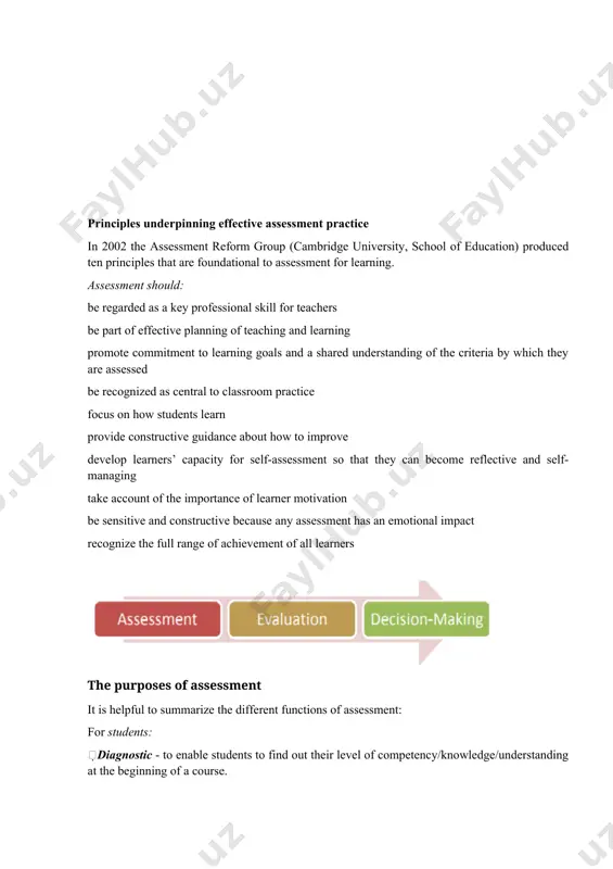 d how best to get there. the purpose of assessment is to improve learning, inform teaching, help students achieve the highest standards they can and provide meaningful reports on students’ achievement. what do we want the students to learn? why does the learning matter? what do we want the students to do/produce? how well do we expect them to do it? assessment of and for students’ learning is the process of gathering and analyzing information as evidence about what students know, can do and understand. it is part of an ongoing cycle that includes planning, documenting and evaluating students’ learning. principles underpinning effective assessment practice in 2002 the assessment reform group (cambridge university, school of education) produced ten principles that are foundational to assessment for learning. assessment should: be regarded as a key professional skill for teachers be part of effective planning of teaching and learning promote commitment to learning …