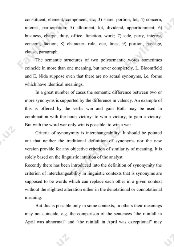 the use of english, london 1962, p. 129) peace and tranquillity are ordinarily listed as synonyms, but they are far from being identical in meaning. one may speak of a peace conference, but not tranquillity conference. (e.nida, the descriptive analysis of words). classification of synonyms according to whether the difference is in denotational or connotational component synonyms are classified into ideographic and stylistic. ideographic synonyms denote different shades of meaning or different degrees of a given quality. they are nearly identical in one or more denotational meanings and interchangeable at least in some contexts, e.g. beautiful - fine - handsome -pretty beautiful conveys, for instance, the strongest meaning; it marks the possession of that quality in its fullest extent, while the other terms denote the possession of it in part only. fineness, handsomeness and prettiness are to beauty as parts to a whole. in the synonymic group choose, select, opt, …