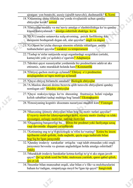 amning shaxs sifatida me’yorda rivojlanishi uchun qanday ehtiyojlar kerak? sotsial 19. ?ehtiyojlar moddiy va ma’naviy amalga o‘zlashtirilishiga ko‘ra qanday klassifikatsiyalanadi ? amalga oshirilish shakliga ko‘ra 20. ?d.n.uznadze ustanovka xulq-atvorning, psixik faollikning ikki darajasini boshqaradi degan edi, ular qaysilar? ongli va ongsiz 21. ?g.olport bo‘yicha shaxsga sinonim sifatida ishlatilgan asosiy tushunchalari qaysilar? xarakter va temperament 22. ?tashqi ta’sirlar natijasida sezgi organlardagi sezgirlikni (ortishi, kamayishi yoki yo’qolishi) o’zgarishi? adaptasiya 23. ?idrokni qaysi xususiyatlar yordamida biz predmetlarni adekvat aks ettiramiz, xatto murakkab holatda ham? konstantlik 24. ?ehtiyoj qachon motivga aylanadi? ehtiyoj o‘z predmetini aniqlagandan so‘ngra motivga aylanadi 25. ?qaysi ehtiyoj birlamchi sanaladi? biologik ehtiyojlar 26. ?a.maslou shaxsni doimo bezovta qilib turuvchi ehtiyojlarni qanday nomlagan edi? maishiy ehtiyojlar 27. ?qaysi reaksiya tipiga ko‘ra shaxsning frustrasiya holati vujudga kelish sabablari tashqi muhitga bog‘lanadi? ekstrapunitiv 28. ?emosiyaning kognitiv dissonans nazariyasi muallifi kim? fistenger 29. ?shaxsning ijtimoiy ehtiyojlari bilan bog‘liq motiv turlari qaysilar? gʻoyaviy motivlar (dunyoqarashga doir), …