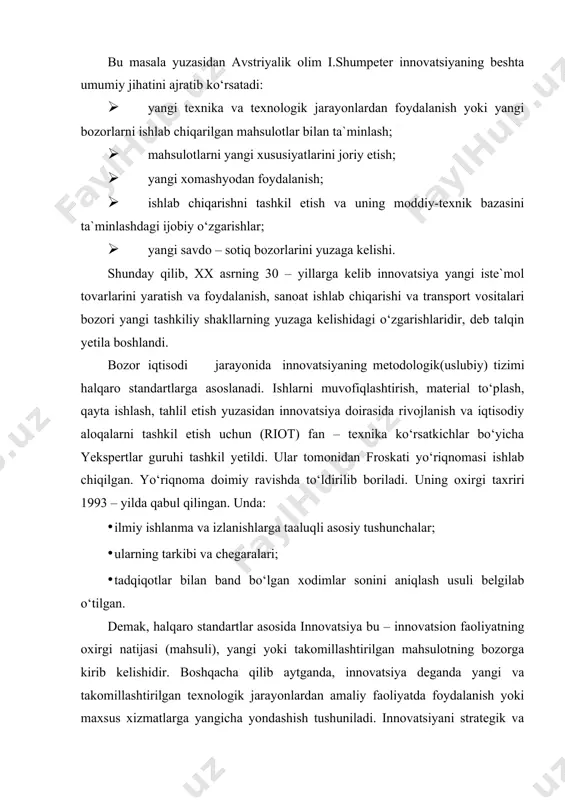 h mumkin. bir so‘z bilan aytganda u ilmiy ishlab chiqarish siklining oxirgi natijasidir. "innovatsiya" va "innovatsion jarayon" tushunchasi bir – biriga yaqin bo‘lsada, bir xil mazmunga yega emas. "innovatsion jarayon" – bu innovatsiyani yaratish, uni amaliyotga tatbiq etish va tarqatish bilan bog‘liq faoliyatdir. innovatsiyani yaratuvchilari (novatorlar), yesa mahsulotning hayotiylik davri va iqtisodiy samarasi kabi mezonlarga tayanishadi. innovatsiyaning muhim o‘ziga xos xususiyati – bu ilmiy – texnik yangilik va uni ishlab chiqarishda qo‘llanilishidir. amaliyotda “yangilik, “yangilanish” bir-biriga yaqin, turdosh hisoblansada, ular orasida bir qator farqlar mavjud. “yangilik” (novshestvo) - bu yangi tartib, yangi usul va kashfiyot bo‘lishi mumkin.“yangilanish” bu yangilikdan foydalanganligini ifodalovchi jarayondir. yangilikni amaliyotga joriy etish uchun qabul qilinishi bu innovatsion jarayondir. o‘z o‘rnida ilmiy – texnik innovatsiyaning zaruriy harakteri bu: · yangilikni ifoda etish; · bozordagi talabni qondirish; · ishlab chiqaruvchiga foyda keltirishdir. yangilikni yaratilishi, uning tarqatilishi kabilar innovatsion jarayonning ajralmas qismlaridir. innovatsion jarayonni uchta mantiqiy shakli mavjud: · …