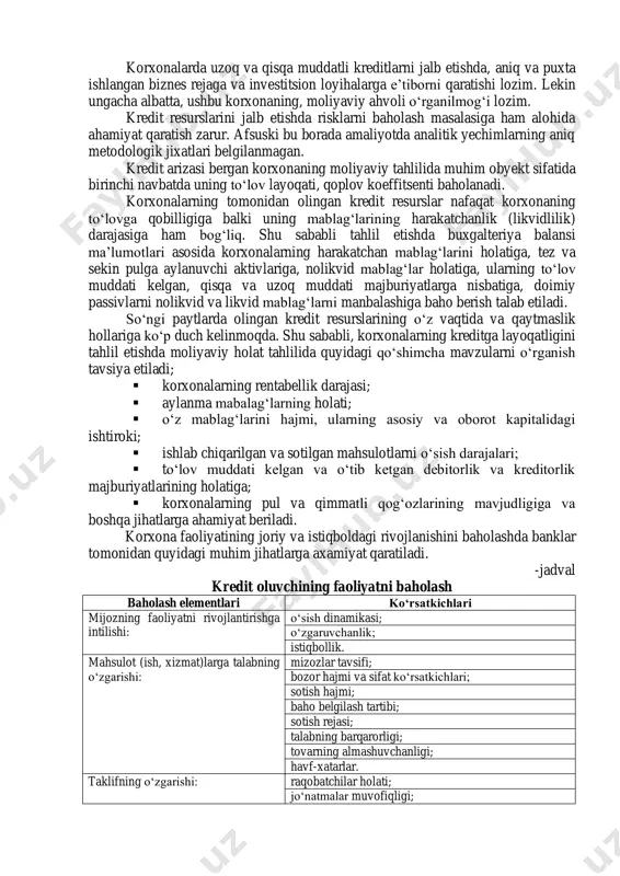 ruxga tarkiblash amaliyoti joriy etilgan. uzoq muddatli kreditlar -uzoq muddatli aktivlarni (asosiy vositalar, nomoddik aktivlar, kapital qо‘yilmalar, о‘rnatiladigan asbob uskunalar yuzasidan, ularni sotib olish, qurish, ta’mirlash, ilmiy yangiliklar kiritish kabi yо‘nalishlarda) moliyalashtirish yuzasidan bir yildan ortiq muddatga beriladi. qisqa muddatli kreditlar -joriy, aylanma aktivlarni tо‘ldirishga. savdo hajmini oshirishga va boshqa maqsadlarga bir yilgacha muddatga beriladi. korxonalarda uzoq va qisqa muddatli kreditlarni jalb etishda, aniq va puxta ishlangan biznes rejaga va investitsion loyihalarga e’tiborni qaratishi lozim. lekin ungacha albatta, ushbu korxonaning, moliyaviy ahvoli о‘rganilmog‘i lozim. kredit resurslarini jalb etishda risklarni baholash masalasiga ham alohida ahamiyat qaratish zarur. afsuski bu borada amaliyotda analitik yechimlarning aniq metodologik jixatlari belgilanmagan. kredit arizasi bergan korxonaning moliyaviy tahlilida muhim obyekt sifatida birinchi navbatda uning tо‘lov layoqati, qoplov koeffitsenti baholanadi. korxonalarning tomonidan olingan kredit resurslar nafaqat korxonaning tо‘lovga qobilligiga balki uning mablag‘larining harakatchanlik (likvidlilik) darajasiga ham bog‘liq. shu sababli tahlil etishda buxgalteriya balansi ma’lumotlari asosida korxonalarning harakatchan …