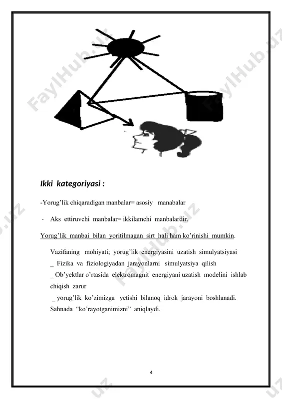 ta aks ettirilgan nurga ikkinchi darajali deyiladi. yorug’lik yuzalar o’rtasida o’tkazilishini hisobga olmaydigan jismoniy modellar (ikkilamchi yoritishni ishlatmang ) mahalliy deb nomlanadi. aks holda, modellar global yoki global yoritilish modellar deb nomlanadi. jismoniy jihatdan asoslangan va empirik yoritish modellari jismoniy jihatdan asoslangan moddiy modellar. jismoniy jihatdan asoslangan modellar ba’zi biri haqiqiy materiallarning xususiyatlarini taxmin qilishga harakat qiladi. bunday modellar material yuzasining xususiyatlarini, masalan, moddiy qatlamlarni (terini yoki ingichka plonkalarni modellashtirish) yoki moddiy zarrachalarning xatti-harakatlarini (qor, qum, turli xil suyuqliklarni modellashtirish) hisobga oladi. empirik material modellari. empirik modellar jismonan asoslanganlarga qaraganda bir oz boshqacha tuzilgan. qoida tariqasida, ushbu modellar fizik talqini bo’lmagan, lekin fitting yordamida yakuniy modelning kerakli shaklini olishga imkon beradigan ma’lum parametrlar to’plamini nazarda tutadi. ba’zan bunday modellar aniqlikdan ko’ra ekspresivlik ustidan ko’proq nazorat tufayli yaxshi natija beradi. empirik modellarga misollar: lambert modeli, fong modeli. eng oddiy yoritish modeli bunday yorug’lik qismlarining yig’indisi sifatida qurilishi mumkin. l = la …