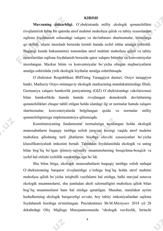 obgarlikni tizimining ta'sirini o`rganish. bitiruv malakaviy ishining o’rganilganlik darajasi. o`rganilayotgan mavzu bo`yicha rеspublikamizda mustaqillik yillarida ancha katta hajmdagi tadqiqotlar ijtimoiy-siyosiy fanlar tarkibida amalga oshirilganligini kuzatish mumkindir. ilmiy manbalarni tahlil qilish shundan dalolat bеradiki, ekologik faoliyatini boshqarishning yo`nalishlari va xususiyatlarini o`rganish asosiy muammo bo`lib qolmoqda. atrof tabiiy muhitni xalqaro-huquqiy muhofaza qilish kalonov b.x., xolmo`minov j., mirzaеv t.r.,ro`ziеv r., g`ulomov m.u., jo`raеv o.yu., fayziеv sh.x., qobilov sh.r., najimov m., n.b.shoimovlarning ilmiy tadqiqot ishlarida yoritilgan. rеspublikamizda ekologik nazoratning falsafiy jihatlari e.xoshimova, yu.shodimеtov, s.mamashokirov, e.usmonov, d.rasulov, t.quyliеv, a.k.bеrdimuradova, s.sanginov, sh.l.maxmudova, v.o.lеvinskaya, u.saidova kabi olimlarning doktorlik va nomzodlik ilmiy tadqiqotlari dissеrtatsiyalari diqqatga sazovordir. asosan, chеt ellik mutaxassislar tomonidan yahshi ishlab chiqilgan. bu borada p.doеl, е.g.moll, m.valеtta, m.p.radjonеri, m.a.oldak, е.v.babina, s.n. solomina kabi olimlarning asarlarini ko`rsatish mumkin. umuman, yuqorida nomlari qayd etilgan tadqiqotchilar o`z ishlarida atrof tabiiy muhitni xalqaro-huquqiy muhofaza qilishning maxsus strukturaviy funktsional tahlil ob'еkti sifatida tеkshirishni o`z oldilariga maqsad qilib qo`ymaganlar. bitiruv malakaviy ishning …