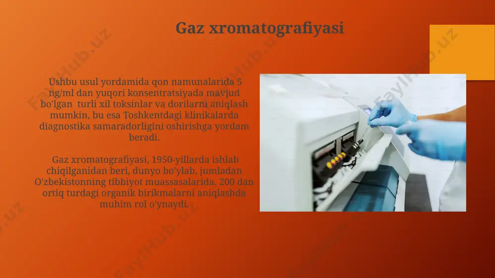 mli xromatografiya (tlc-ms) usuli 10 ng dan kam miqdordagi moddalarni aniqlashga imkon beradi va evropada oziq-ovqat mahsulotlaridagi zaharli moddalarni aniqlashda qo'llaniladi. mass-spektrometriya bilan birgalikda gaz xromatografiyasi (gs-ms) yordamida 200 dan ortiq uchuvchi organik birikmalarni, jumladan, qon va siydikdagi toksinlarni aniqlash mumkin, bu esa tokioning tibbiyot markazlarida keng qo'llaniladi. elektroforez kapillyar elektroforez, yuqori samaradorligi tufayli, 20 dan ortiq oqsil fraksiyasini ajratish imkonini beradi va diagnostika markazlari, masalan, toshkentdagilar kabi, uni keng qoʻllaydi. elektroforezning turli xil turlari, jumladan, izoelektrik fokusirovka va 2d elektroforez, murakkab biologik namunalardagi, masalan, siydikdagi, yuzlab turdagi molekulalarni ajratishga imkon beradi. elektrokimyoviy davolash usullari elektrokimyoviy terapiya yordamida 100 dan ortiq turdagi saraton kasalliklarini davolashda 5-10% gacha samaradorlik kuzatilgan bo'lib, bu usul germaniya va aqshda keng qo'llaniladi. elektroforez usuli yordamida 2-3 mv kuchlanish ostida dorilarni teridan chuqur qatlamlarga yetkazish orqali, masalan, yallig'lanishga qarshi vositalarni mahalliy qo'llash mumkin. e'tiboringiz uchun rahmat @taqdimot_robot image3.png image4.jpg image5.jpg image6.jpg image7.jpg image8.jpg image9.jpg image10.jpg image11.jpg …