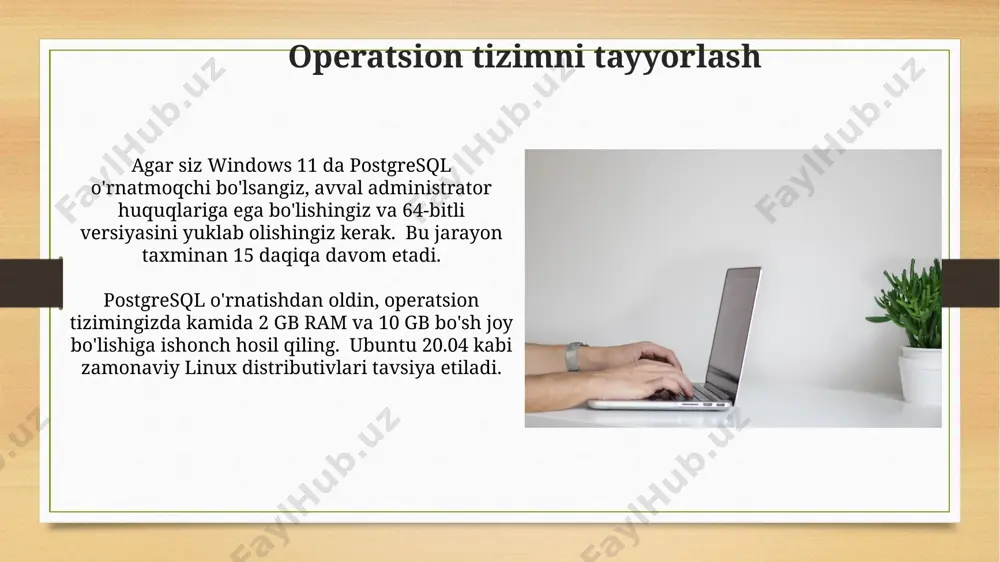 ar ustida sql so'rovlarini bajarishda indekslardan samarali foydalanish toshkentdagi serverlarda so'rov bajarilish tezligini 5 martaga oshirishi mumkin. o'rnatish jarayonini boshqarish postgresql'ning 12-versiyasini ubuntu 20.04 operatsion tizimiga o'rnatish jarayoni apt paket menejeri yordamida 5 daqiqadan kam vaqtni oladi va minimal tizim resurslarini talab qiladi. postgresql klasterini yaratishda, ma'lumotlar bazasining joylashishini /var/lib/pgsql/data kabi aniq katalogga belgilab, kelajakda ma'lumotlarga kirishni osonlashtiring va 100 gb dan ortiq disk maydonini ajrating. ehtiyot nusxalarini yaratish samarqanddagi serverda joylashgan ma’lumotlar bazasining ehtiyot nusxasini yaratishda, tarmoq tezligiga qarab, 100 mb/s tezlikda 5 gb hajmdagi faylni nusxalash 50 sekundgacha vaqt oladi. postgresql'ning pg_dump vositasi yordamida ma’lumotlar bazasining ehtiyot nusxasini yaratish jarayoni taxminan 2-3 soat davom etadi, bu esa serverning yuklanishiga va ma’lumotlar hajmining 10 tb ga yetishiga bog’liq. psql konsolini ochish psql konsolini ochish uchun terminal yoki komand satrini ochib, "sudo -u postgres psql" buyrug'ini bajarish, so'ngra parolni kiritish orqali amalga oshiriladi, bu esa sizni 5432 port orqali ma'lumotlar …