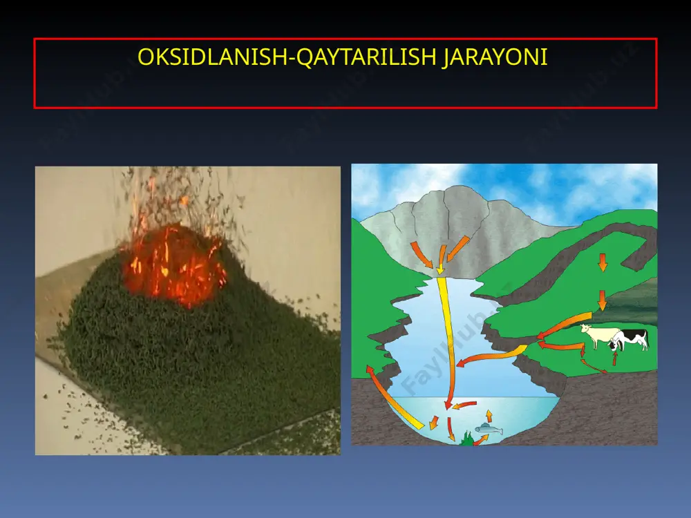 angsizlantiradi oksidlanish-qaytarilish reaksiyalari tenglamalarini tuzish rangsiz eritma qoramtir cho’kma yashil rangli eritma reaksiyada ishtirok etgan har qaysi element atomlarining soni va zaryadlarning algebraik yig’indisi tenglamaning chap va o’ng tomonida teng bo’ladi. qaytaruvchi moddaning atom yoki ionlari yo’qotgan elektronlarning umumiy soni oksidlovchi modda qabul qilgan elelktronlarning umumiy soniga tengdir agar oksidlanish-qaytarilish reaksiyasi natijasida o-2 ionlari hosil bo’lsa, u kislotali muxitda vododrod ionlari bilan birikib suv molekulasiga aylanadi. ishqoriy yoki neytral muxitda esa gidroksid ionlarini xosil qiladi. h2o + o-2 = 2ho- h+ + o-2 = h2o elektron balans usuli i topshiriq 1. kaliy permanganatning sulfat kislota ishtirokidagi natriy peroksid bilan reaksiyasida 5,6 l(n.sh.) gaz ajraldi. reaksiyada qatnashgan kaliy permanganat massasini (g) hisoblang. a) 24,2; b) 15,8; c) 62,4; d) 50,6. 11-sinf kimyo ion-elelktron (yoki yarim reaksiyalar) usuli bu usuldan foydalanish uchun avval reaksiya tenglamasining ionli shaklda yozib olish kerak. bunda kam dissotsilanuvchi va cho’kmaga tushgan moddalar ionli shaklda yozilmaydi kj + …