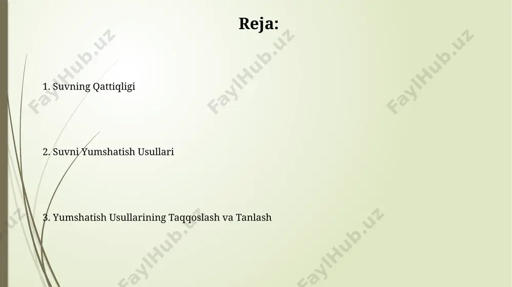 ik tuzlarini cho'ktirishga yordam beradi va bu samarqanddagi ba'zi suv ta'minoti tizimlarida sinab ko'rilgan. suv qattiqligi nima? suv qattiqligi, asosan, suvda erigan kaltsiy (ca2+) va magnezium (mg2+) ionlarining miqdoriga bog'liq bo'lib, masalan, o'zbekistonning ba'zi viloyatlarida 200 mg/l dan yuqori bo'lishi mumkin. suv qattiqligi, masalan, samarqand viloyatining ayrim hududlarida 300 mg/l ga yetgan hollarda, cho'kmali qatlamlar hosil bo'lishiga va uy jihozlariga zarar yetkazishi mumkin. suv qattiqligi turlari suvning umumiy qattiqligi, masalan, markaziy osiyo hududlarida 7-10 mmol/l gacha yetishi mumkin va bu qattiq suv deb hisoblanadi. bu miqdor, suv tarkibidagi kaltsiy va magniy ionlarining konsentratsiyasi bilan belgilanadi. suvning qattiqligi ikki turga bo'linadi: karbonatli (vaqtinchalik) va karbonatsiz (doimiy) qattiqlik. karbonatli qattiqlikni qaynatish orqali osongina yo'qotish mumkin, masalan, 100 ml suvda 20 mg caco3 bo'lsa, bu vaqtinchalik qattiqlik hisoblanadi. suv yumshatishning afzalliklari va kamchiliklari qattiq suv ishlatilishi natijasida quvurlarda 15-20% gacha miqdorda miqyos hosil bo'lishi mumkin, bu esa suv o'tkazuvchanligini pasaytiradi va ta'mirlashga olib …