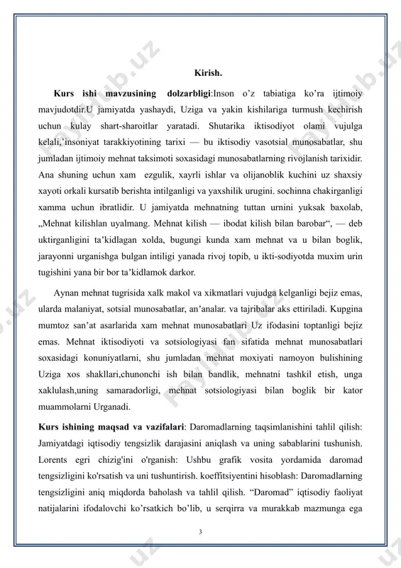 atiladi. jumladan, v.i.vidyapin va boshqalarning umumiy tahriri ostidagi “ iqtisodiyot nazariyasi”(1-chizma). 1-chizma.lorel egri chizig’i shu o’rinda ta‘kidlash lozimki, daromad tarkibining yuqorida keltirilgan tasnifida ma’lum chalkashliklar mavjud. jumladan, qurolli kuchlar xizmatchilarining pul va natural ko’rinishdagi ta’minotlarini alohida bandda berilishi mantiqqa ziddir, chunki harbiy xizmatchilar ham o’z faoliyatlari natijalarini ish haqi yoki maosh ko’rinishida oladilar. shuningdek, 4-6 tartib raqamlari bo’yicha keltirilgan bandlar daromad turini emas, balki faoliyat turini ko’rsatadi. aholi pul daromadlari ish haqi, tadbirkorlik faoliyatidan olinadigan daromad, nafaqa, pensiya, stipendiya shaklidagi barcha pul tushumlarini, mulkdan foiz, dividend, renta shaklida olinadigan daromadlarni, qimmatli qog’ozlar, ko’chmas mulk, qishloq xo’jalik mahsulotlari, hunarmandchilik buyumlarini sotishdan va har xil xizmatlar ko’rsatishidan kelib tushadigan daromadlarni o’z ichiga oladi. natural daromad mehnat haqi hisobiga olinadigan va uy xo’jaliklarining o’z iste’mollari uchun ishlab chiqargan mahsulotlaridan iborat bo’ladi. jamiyat a’zolari daromadlari darajasi ular turmush farovonligining muhim ko’rsatkichi hisoblanib, shu bilan birga alohida shaxslaming dam va, bilim olishi, sog’lig’ini saqlashi, eng …
