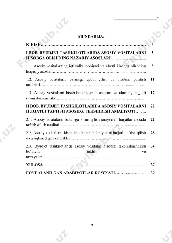 t mulkidan oqilona foydalanish va moliyaviy nazorat tizimini kuchaytirish hozirgi davrning dolzarb masalalaridan biridir. ayniqsa, byudjet tashkilotlarida asosiy vositalar hisobining to‘g‘ri yuritilishi, ularning balansga o‘z vaqtida va to‘liq kirim qilinishi hamda eskirgan yoki foydalanishga yaroqsiz bo‘lgan vositalarning belgilangan tartibda hisobdan chiqarilishi davlat mablag‘larining tejamkor va samarali sarflanishini ta’minlashda muhim ahamiyat kasb etadi. shuning uchun ham asosiy vositalarni hujjatli taftish asosida tekshirish jarayonining o‘rni beqiyos bo‘lib, bu masala moliyaviy nazorat organlari va buxgalteriya hisobini yurituvchi xodimlar zimmasiga katta mas’uliyat yuklaydi. asosiy vositalar — bu byudjet tashkilotlarining moddiy-texnik bazasini tashkil etuvchi va faoliyat samaradorligini ta’minlovchi eng muhim resurslardan biridir. ular qatoriga bino va inshootlar, mashina va uskunalar, transport vositalari, mebel va inventarlar hamda boshqa ishlab chiqarish va xizmat ko‘rsatish jarayonida foydalaniladigan uzoq muddatli aktivlar kiradi. shu bois asosiy vositalar hisobi va ularni hujjatli rasmiylashtirish jarayoni moliyaviy intizomni ta’minlash bilan birga, davlat mulkini muhofaza qilishning ham kafolatidir. kurs ishining dolzarbligi - byudjet tashkilotlarida …