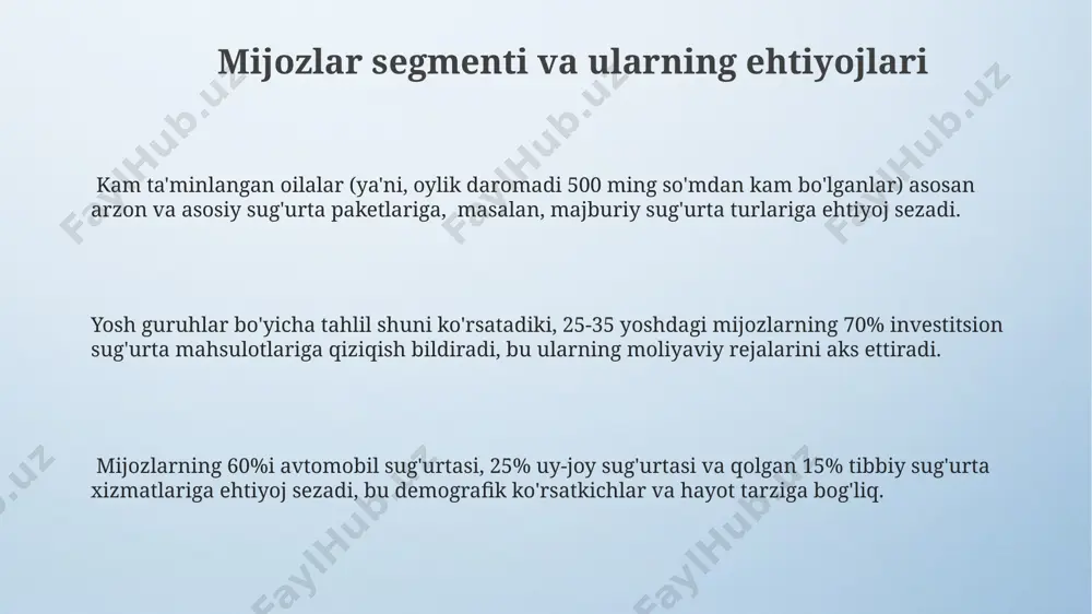 ori 5 million so'mni tashkil etadi, ammo bu raqam kasallikning murakkabligiga va davolash xarajatlariga bog'liq holda sezilarli darajada farq qilishi mumkin. xalqaro taqqoslash avtomobil sug'urtasi bozorining hajmi aqshda yillik 200 milliard dollardan oshadi, hozirgi kunda o'zbekiston singari rivojlanayotgan bozorlarda esa ancha kamroq. sog'liqni saqlash sug'urtasi qoplamining o'rtacha miqdori g'arbiy yevropa mamlakatlarida yaimning 10% dan yuqori, markaziy osiyo mamlakatlarida esa ancha past, 2-5% oralig'ida. jahon bo'yicha sug'urta penetratsiyasi darajasi mamlakatlar o'rtasida sezilarli farq qiladi, rivojlangan mamlakatlarda 10% dan yuqori, rivojlanayotgan mamlakatlarda esa 2-3% atrofida. sug'urta turlari bo'yicha statistika 2022-yilda sug'urta bozorida hayot sug'urtasi shartnomalari soni 15% ga o'sgan bo'lsa, mulk sug'urtasi shartnomalari 8% ga kamaygan. bu farq investitsiya salohiyatiga bo'lgan qiziqishning o'sishi va iqtisodiy beqarorlik bilan bog'liq. tibbiy sug'urta polislarining o'rtacha narxi 2023 yilda 150 ming so'mdan oshdi, bu esa inflyatsiya va tibbiy xizmatlar narxining oshishi bilan izohlanishi mumkin. avtotransport vositalarini majburiy sug'urta qilish bo'yicha to'langan sug'urta to'lovlari umumiy sug'urta to'lovlarining …