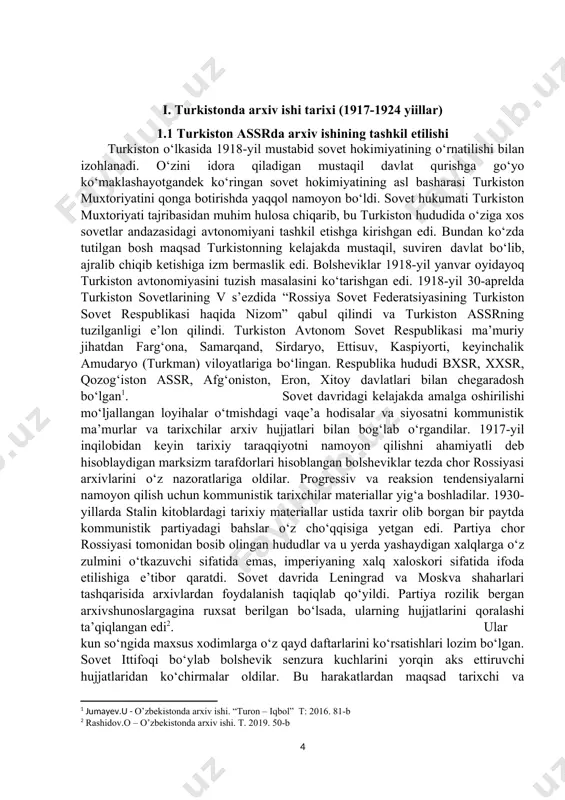 (antonina burton. archive stories.(facts, fictions and the writing of history). – london.2005.–r.49-50.) turkistonda sovet hokimiyati o‘rnatilgach o‘lkada arxiv ishining tashkil etilishga e’tibor qaratila boshlandi. sho‘rolor hokimiyati rahbarlari yaxshi bilardiki, komunistik g‘oyalarning bajarilish vazifalarining muvaffaqiyatli olib borilishi ko‘p jihatdan qanchalik manbalar ko‘p to‘planishiga, tadqiqotchilar qaysi manbalardan ko‘proq foydalanishiga ham bog‘liq edi. dunyo ommasiga sho‘rolar tizimini ijobiy boshqaruv markaziga konsetratratsiya qilishi hukumat vakillari uchun va davlatchilik siyosiy senzurasida efektiv instrument vazifasini o‘tab berishi talab qilinar edi. shuning uchun sho‘rolar hukumati arxiv idoralari tizimini tiklanishiga katta diqqat-e’tibor qaratishdi. 1918-yilining aprelida rsfsr hukumati tashabbusi bilan turkistonda markaziy arxiv idoralari boshqarmasini tuzish, arxiv ishini qayta qurish va markazlashtirish xususida qaror qabul qiladi, o‘shanda hukumat topshirig‘iga ko‘ra “arxiv tashkilotlari boshqaruvini tashkil etish” uchun maxsus komissiya tuziladi.sovet hukumati arxiv ishlariga oktyabr inqilobidan so‘ng katta e’tibor bera boshladi. 1918 yilning 27-28-mayida moskvada m. x. pokrovskiy raisligida majlis bo‘lib, markaziy arxiv boshqarmasini tuzishni rejalashtirish xususida kelishib olindi[footnoteref:3]. rossiya hukumati …