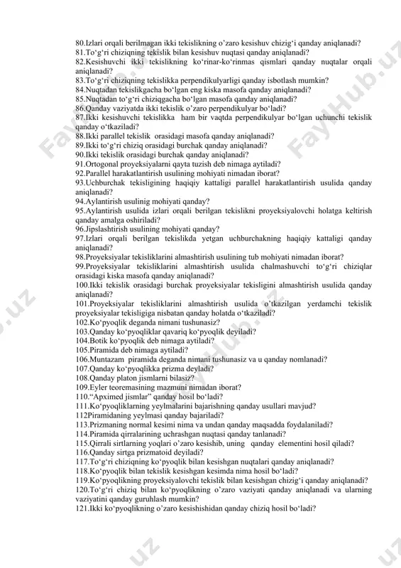 g‘ri chiziq kesmasi qaysi proyeksiyalar tekisligini kesib o‘tadi? 55.to‘g‘ri chiziq kesmasini to‘liq tahlil qilish deb nimaga aytiladi? 56.to‘g‘ri chiziq kesmasining frontal proyeksiyasida uning haqiqiy kattaligini aniqlash uchun qaysi masofa zarur bo‘ladi? 57.to‘g‘ri chiziq kesmasining gorizontal proyeksiyasida uning haqiqiy kattaligini aniqlash uchun qaysi masofa zarur bo‘ladi? 58.to‘g‘ri chiziq kesmasining profil proyeksiyasida uning haqiqiy kattaligini aniqlash uchun qaysi masofa zarur bo‘ladi? 59.nima uchun xususiy vaziyatdagi to‘g‘ri chiziqlar kamida bitta proyeksiyalar tekisligiga o‘z kattaligida proyeksiyalanadi? 60.ikki to‘g‘ri chiziq o’zaro qanday vaziyatlarda bo‘lishi mumkin? 61.qanday to‘g‘ri chiziqlar uchrashmas to‘g‘ri chiziqlar deyiladi? 62.kesishuvchi ikki to‘g‘ri chiziqning kesishuv nuqtasi epyurda nechta bog’lovchi chiziqda joylashadi? 63.qanday nuqtalar konkurent nuqtalar deyladi? 64.konkurent nuqtalarning ko’rinarliligi yeki kurinmasligi qanday aniqlanadi? 65.ortogonal proyeksiyada tekislik qanday holatlarda berilishi mumkin? 66.tekislikning izi deb nimaga aytiladi? 67.tekislikning frontal va gorizontal izlari qayerda uchrashadi? 68.tekislik proyeksiyalar tekisliklariga nisbatan qanday vaziyatlarida bo‘ladi? 69.proyeksiyalar tekisliklariga parallel bo‘lgan tekisliklarning izlari o‘qlarga nisbatan qanday vaziyatda bo‘ladi? 70.proyeksiyalovchi tekislik deganda …