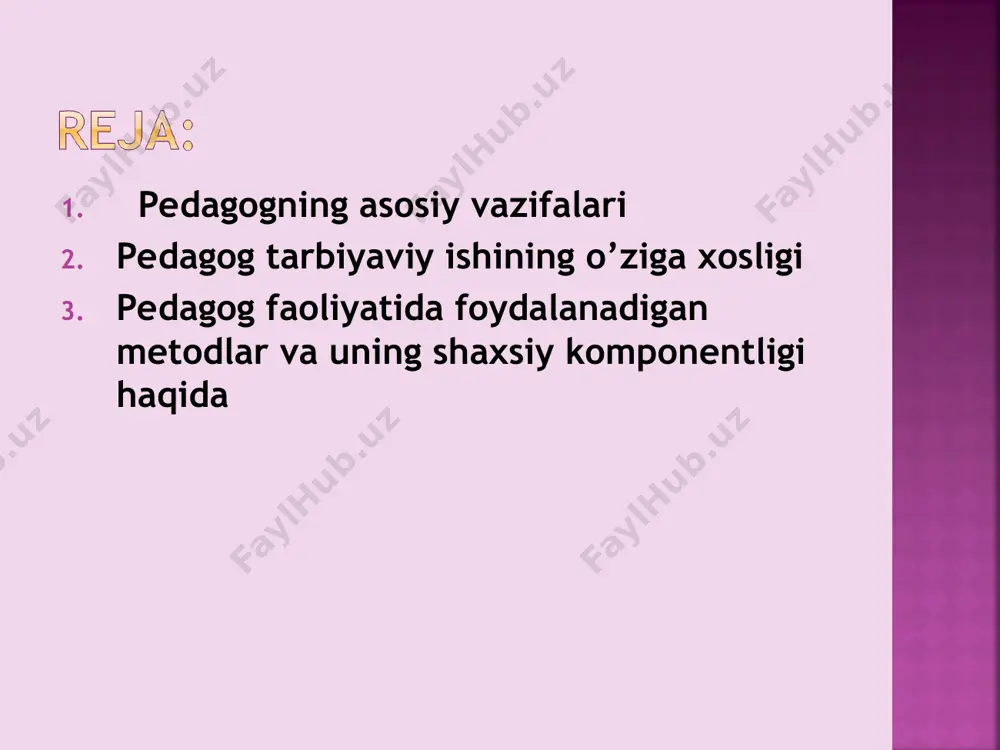 rida; bolalar sihatgohlarida; ijtimoiy ta’lim markazlarida; ijtimoiy psixologik yordam markazlarida; madaniy markazlarda, dam olish markazlarida, yoshlar klublarida; yozgi lagerlarda; mahallada, mahalladagi pedagog murabbiy bilan, xotin-qizlar qo’mitasi, uchastka inspektori bilan muomala o’rnatish. o’rta umumta’lim tizimida eng zamonaviy mutaxassisliklardan biri – bu ijtimoiy pedagoglik kasbidir. uning asosiy vazifasi – tarbiyaviy ishlarni hayotiy muhim oilaviy va ijtimoiy muammolarni o’zida his etayotgan yosh avlodni tarbiyalash bilan qo’shib olib borishdan iborat, qiyin bo’lgan turmush masalalarini yengillashtirish, so’z va amalda yordam berish, ijtimoiy pedagog amaliy faoliyatining axloqiy pozitsiyasi va yo’naltirilgani ana shulardan iborat. ijtimoiy pedagog tarbiyaviy ishlar metodlarini keng tizimidan foydalanishga o’z e’tiborlarini qaratishlari lozim. bu o’rinda ijtimoiy pedagoglarning bir qismi o’quvchilarni tarbiyalashning an’anaviy vositalari atrofida guruhlashga, shaxsiy suhbat, u yoki bu ijodiy faoliyat ko’rinishiga o’smirlarni jalb etishga, ayrim o’quvchilarga nisbatan sinf tarbiyaviy ishlarini topshirishga harakat qilishadi. lekin, ijtimoiy pedagog ishlarini o’ziga xosligi bir qator yangi faoliyat usullarini yuzaga chiqardi. mahalladagi jamoa tashkilotlari bilan hamkorlik; mas’ul …