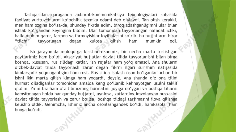 nishi uchun sharoit yaratishi ham alohida ko‘rsatib o‘tilgan. shu o‘rinda davlat tilida ish yuritishga mas’ul bir inson sifatida bir taklif kiritmoqchiman. davlat tilida ish yuritishni kerak bo‘lsa, maktabda, nari borsa, oliy o‘quv yurtidayoq boshlash kerak. buning birgina va asosiy sababi bor: ertangi kun egalari qaysi millat vakili bo‘lishidan qat’iy nazar kelajakda davlat idorasida faoliyat yuritadigan bo‘lsa, o‘zbek tilini o‘rganishi zarurligini his qilsin va buning uchun ham nazariy hamda amaliy jihatdan tayyor bo‘lib ulg‘aysin. chunki bir necha yillar davomida o‘ziga ma’qul til yoki uslubda ish yuritib kelgan xodim yoki rahbarni birdan o‘zgartirish qiyin bo‘lganidek, olam-olam orzular bilan ishga kirgan yangi xodimga ham bu qoidalarni o‘rgatish, uni bu jarayonga moslashtirish oson kechmaydi. balki oliy ta’lim muassasalarida muhtaram prezidentimiz tashabbusi bilan qisqartiriladigan mutaxassislikka aloqasi bo‘lmagan fanlar hisobiga ana shu yo‘nalishda dars soatlarini kiritish kerakdir. alisher navoiy nomidagi toshkent davlat o‘zbek tili va adabiyoti universiteti qoshida davlat tilida ish yuritish asoslarini o‘qitish va malaka …