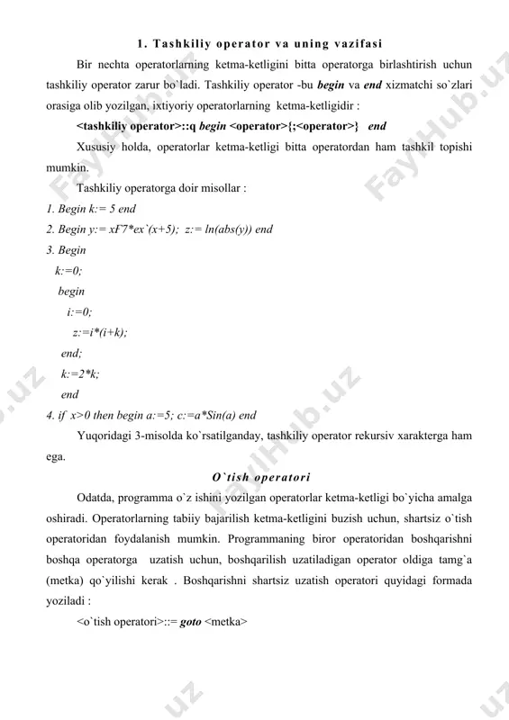 lganda, programma tuzuvchi iloji boricha o`tish operatorida foydalanmaslikka harakat qilgani mahquldir. chunki o`tish operatoridan foydalanish, programmaning o`qilishini qiyinlashtirib,uning sifatini keskin pasaytiradi. o`tish operatoridan foydalanishga doir quyidagi to`liq programmani ko`rib chiqaylik: `rogram m1; label 1; var a,y:real; begin 1: readln (a); if a ::= if then else bu yerda if (agar), then (u holda), else (aks holda) - xizmatchi so`zlar. shunday qilib, to`liq shartli operatorni soddaroq quyidagicha yozish mumkin: if s then s1 else s2; bu yerda s – mantiqiy ifoda; s1 – s mantiqiy ifoda rost qiymat qabul qilganda ishlovchi operator; s2 – s mantiqiy ifoda yolgon qiymat qabul qilganda ishlovchi operator. shartli operatorning bajarilishi unda yozilgan s1 yoki s2 operatorlaridan faqat birini bajarilishiga olib keladi, yahni agar s mantiqiy ifoda bajarilishidan so`ng true (rost) qiymati hosil bo`lsa s1 operatori, aks holda esa s2 operatori bajariladi. shartli o`tish operatori. dasturda boshqaruvni ma’lum shart asosida u yoki bu tarmoqqa uzatish shartli …