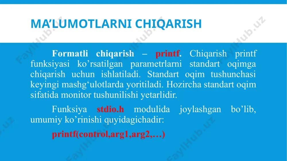 atlari 1 ga teng agar nisbat bajarilsa va aksincha 0 ga tengdir. nisbat amallari arifmetik turdagi operandlarga yoki ko’rsatkichlarga qo’llaniladi. misollar: 1! = 0 qiymati 1 ga teng; 1 == 0 qiymati 0 ga teng; 3> = 3 qiymati 1 ga teng; 3>3 qiymati 0 ga teng; 2 0 yoki y>0 bo’lsa, aksincha 0 ga teng x&&y amali 1 ga teng agar x>0 va y>0 bo’lsa, aksincha 0 ga teng !x amali 1 ga teng agar x>0 bo’lsa, aksincha 0 ga teng bu misollarda amallar ustivorligi oshib borish tartibida berilgandir. inkor ! amali unar qolganlari binar amallardir. c++ tilida standart funksiyalarning yozilishi ifodalarni yozish uchun misollar e’tiboringiz uchun rahmat image2.png image3.png image4.png image5.png image6.png image7.png image8.png image9.png image10.png image11.png image12.png image13.wmf image14.wmf image15.wmf image16.png x x 3 2 x /docprops/thumbnail.jpeg