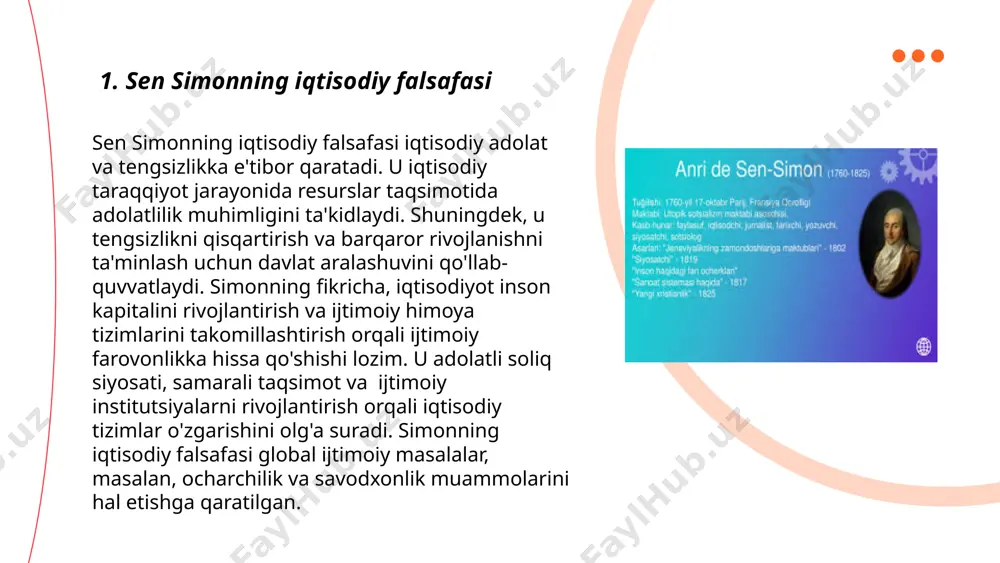 huningdek, sen-simon davlatni adolatli va teng jamiyatni yaratishda muhim vosita deb biladi. ... t.me/slaydai_bot meritokratiya tushunchasi ingliz sotsiologi michael young tomonidan 1958-yilda ilgari surilgan. biroq, 6-sen simon bu g'oyani yanada rivojlantirdi. meritokratiya jamiyatda qobiliyat, bilim va mehnat asosida insonlarni boshqarish yoki ularga mavqe berish tushunchasidir. bu tizimda insonlarning ijtimoiy mavqei ularning mehnati va yutuqlari asosida belgilanadi. meritokratiya falsafasi ilmiy, texnologik va iqtisodiy taraqqiyotga hissa qo'shishi mumkin, chunki u ko'proq iste'dodli shaxslarning ko'tarilishiga imkon beradi. sen simon kuzatishicha, jamiyatda yagona, tushuncha, rivojlangan adolatli boshqaruv tizimi aynan meritokratiya bo‘lib, uning malakali va mahoratli kishilarni aniqlashda samarali usul ekanini tushuntirishga intilgan. ... t.me/slaydai_bot 7. ilm-fan va sen simon nazariyalari "ilm-fan va sen simon nazariyalari" mavzusida sen simon (henri de saint-simon) fransiyaning 18-asr va 19-asr boshlarida yashagan faylasufi bo'lib, u sotsiologiya va utopik sotsializm asoschilaridan biri hisoblanadi. u ilm-fan va texnologiya jamiyatni rivojlantirishda muhim o'rin tutishini ta’kidlagan. sen simonning g'oyalari insoniyatni unumdor, ilmiy va …