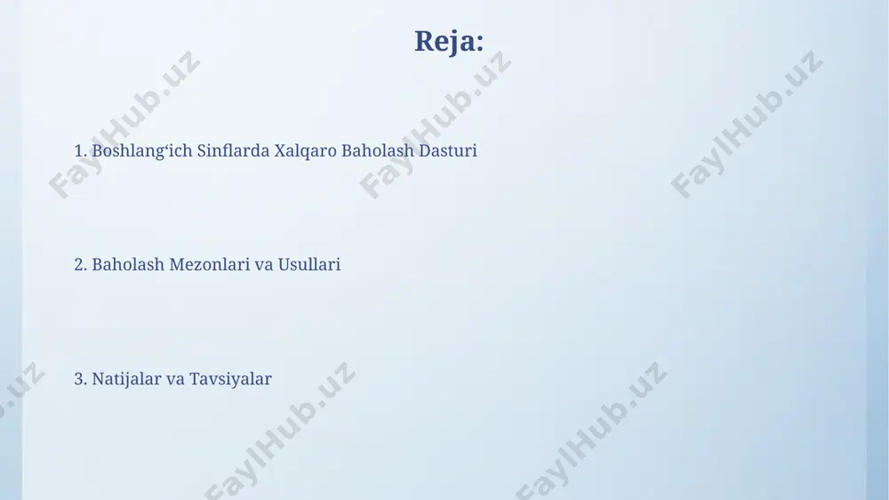 nni tushunish va tahlil qilish ko'nikmalarida zaif ekanligini ko'rsatib, o'qitish uslublarini takomillashtirishga urg'u beradi. xalqaro baholash dasturlari o'quvchilarning 20% ga yaqinining matematikada asosiy tushunchalarni yetarlicha o'zlashtirmaganligini aniqlaydi, bu esa ta'lim sifatini yaxshilash bo'yicha chora-tadbirlarni ishlab chiqish zarurligini ko'rsatadi. sinflarni tayyorlash va oʻquvchilarni jalb qilish oʻquvchilarni jalb qilish uchun interfaol oʻyinlar, masalan, 5-7 daqiqalik "kim tezroq" turida viktorinalar, baholashdan oldin motivatsiyani oshiradi va stressni kamaytiradi. har bir oʻquvchining yutuqlarini koʻrsatuvchi 10 balldan iborat reyting tizimi, ularning oʻzlariga boʻlgan ishonchini oshiradi va faol ishtirok etishga undaydi. oʻqituvchilarning roli va tayyorgarligi boshlangʻich sinf oʻqituvchilari kamida 5 yillik tajribaga ega boʻlishi va 80% dan yuqori natijaga ega boʻlgan malaka oshirish kurslarini muvaffaqiyatli tamomlagan boʻlishlari maqsadga muvofiq. oʻqituvchilarning roli nafaqat test olishda, balki oʻquvchilarning bilim va koʻnikmalarini rivojlantirishga qaratilgan oʻquv jarayonini tashkil etishda ham muhimdir, bu esa 30% ga yaqin qoʻshimcha ish vaqtini talab qilishi mumkin. xalqaro tajriba va amaliyotlar xalqaro ta’lim baholash dasturlarida 30 …