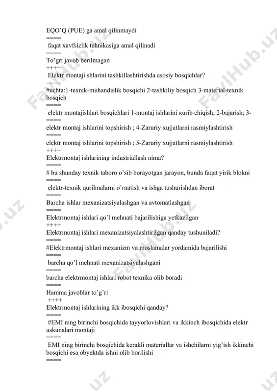 rinchi bosqichida kerakli materiallar va ishchilarni yig’ish ikkinchi bosqichi esa obyektda ishni olib borilishi ==== emini tez va sifatli bajarilishi ==== materiallar va ishchilarni yig’ish ikkinchi bosqichi esa obyektda ishni olib borilishi ++++ ish joyida ishni ilmiy tashkil qilish, bu qanday tushuniladi? ==== # ko’rsatkichlar tahlili, ish rejalari, iit ni o’zlashtitrish ==== barcha eminiiitda olib borish ==== barcha javoblar to’g’ri ==== emini tez va sifatli bajarish ++++ elektrmontaj mahkam narsalari nimadan iborat? ==== # jarayonlarni qo’llashni talab qiladigan mahkamlash usullari va mahkamlash narsalarini qo’llash ==== emida mahkamlashda payvandlash eng keng tarqalgan ==== payvandlash eng keng tarqalgan ==== emida dubel va boltlarni mahkamlash yaxshi natijalidir ++++ jihozlar qanday vazifani bajaradi? ==== # uskunalar izolyatsiyasi jaroxatlanganda odamlarni elektr tokidan himoyalash uchun ==== elektr uskunalar o’ta kuchlanishidan himoya qiladi ==== elektr qurilma va jihozlar izolyatsiyalarini jaroxatlanmasligiga xizmat qilandi ==== o’ta kuchlanishidan himoya qiladi ++++ elektrmontaj mahkam narsalari nimadan iborat? ==== #jarayonlarni qo’llashni talab …