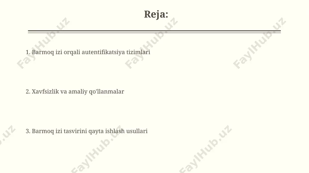 izining tasvirida 256 darajali kulrang shkala (grayscale) yordamida 500 dpi dan yuqori aniqlikdagi rasm olish, keyinchalik rasmni tozalash va shovqinlarni yo'qotish algoritmlari qo'llaniladi. xavfsizlik choralari biometrik ma’lumotlarning noqonuniy olinishiga qarshi himoya qilish uchun kamida 3 ta mustaqil xavfsizlik devori va muntazam xavfsizlik tekshiruvlari (audit) o‘tkazish zarur. barmoq izi ma’lumotlar bazasini himoya qilish uchun 128 bitli aes shifrlash algoritmi va ikki omilli autentifikatsiya tizimi qo‘llanilishi kerak. barmoq izi xususiyatlari barmoq izi naqshlari noyob boʻlib, 1:10 7 dan 1:10 9 gacha odamlar orasida takrorlanmasligi bilan ajralib turadi va bu xususiyat ishonchli autentifikatsiya tizimlarini yaratishga imkon beradi. barmoq izlarida minimal detallar, masalan, minutiyalar (bifurkasiya va tugunlar) ham muhim ahamiyatga ega boʻlib, ularning soni va joylashuvi har bir barmoq izi uchun noyob parametrlarni hosil qiladi. biometrik tizimlar bilan integratsiya barmoq izi ma'lumotlarini biometrik ma'lumotlar bazasi bilan xavfsiz ulash uchun api interfeyslari va 256-bit aes shifrlash kabi yuqori darajadagi xavfsizlik protokollari talab etiladi. yuzni aniqlash …