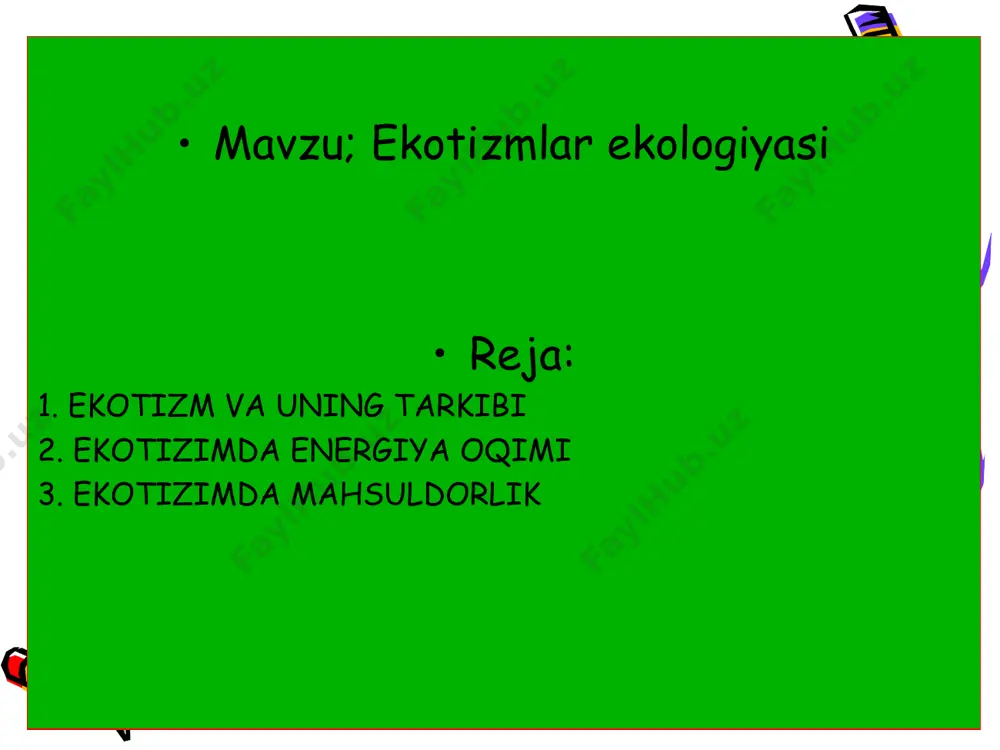 ariga aylantiradi. bunda boradigan hammma o’zgarishlar energiyani yo’qotish bilan bog’liq bo’lib, u oxirgi issiqlikka aylanib tarqalib ketadi. ekotizimda mahsuldorlik jamoaning hayot faoliyati natijasida organik moddalar top’lanadi va sarf bo’lib turadi. demak, har bir ekotizim ma’lum darajada mahsuldorlikka ega. ekotizimning asosiy yoki birlamchi mahsuldorligi yashil o’simliklar tomonidan fotosintez jarayoni natijasida vaqt birligida to’plangan mahsulot hisoblanadi. masalan, fotosintez natijasida o’rmondagi o’simliklar 1 ga maydonda 5 t organik modda hosil qilsa, bu umumiy yoki yalpi birlamchi mahsuldorlik deb qaraladi. ammo o’simlikning hayoti uchun ham hosil bo’lgan moddalar sarf bo’ladi. ekotizimda to’plangan barcha mahsulot (nafas olishga sarf bo’lgandan tashqari) jamoaning haqiqiy birlamchi mahsuldorligini tashkil etadi. haqiqiy birlamchi mahsuldorlikni hosil qiluvchi organik moddalar geterotrof organizmlar uchun o’zlashtirilishi mumkin. konsumentlar ham haqiqiy birlamchi mahsulot hisobiga organik modda to’playdi. ular hosil qilgan mahsuldorlik ikkilamchi hisoblanadi. e’tiboringiz uchun tashakkur.