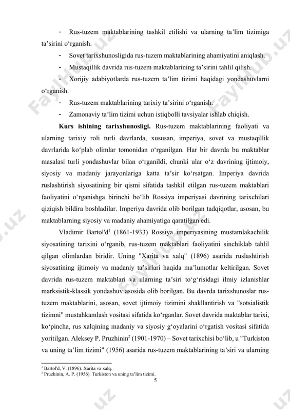 va turkiston: ijtimoiy-siyosiy aloqalar.] mukhammadjonov sherzodbek[footnoteref:4] – mustaqillik davrida o‘qituvchilar, pedagoglar va tarixchilar tomonidan "o‘zbek taʼlimining rivojlanish tarixidan" (2008) nomli asarda rus-tuzem maktablarining o‘zbek taʼlim tizimiga taʼsiri haqida maʼlumotlar keltirilgan. bu asar, ayniqsa, xx asrning boshlarida o‘tgan o‘zgarishlarni yoritishda muhim manba hisoblanadi. rustamov behzod[footnoteref:5] esa "xx asr boshlaridagi turkiston maktablari: shakllanishi va rivojlanish tendensiyalari" (2014) asarida mustaqillik davrida yozilgan bo‘lib, rus-tuzem maktablarining ijtimoiy taʼsiri, o‘zbek xalqining taʼlim tizimiga qanday o‘zgarishlar kiritganligini o‘rganadi. [4: mukhammadjonov, s. (2008). o‘zbek taʼlimining rivojlanish tarixidan.] [5: rustamov, b. (2014). xx asr boshlaridagi turkiston maktablari: shakllanishi va rivojlanish tendensiyalari.] bugungi kunda rus-tuzem maktablari faoliyatining tarixiy tahlili global kontekstda o‘rganilmoqda. xorijiy tadqiqotlar va ilmiy izlanishlar rus-tuzem maktablarining nafaqat o‘zbekistondagi, balki boshqa mustamlakalar va rossiya imperiyasining boshqa hududlaridagi taʼsirini ko‘rsatmoqda. xorijiy tadqiqotchilardan biri peter b. brovn[footnoteref:6] bo‘lib, uning "imperiya va taʼlim: rossiya imperiyasining mustamlakalarida" (2003) asarida rus-tuzem maktablarining tarixini va ularning madaniy integratsiyalashuv jarayonlariga taʼsirini o‘rganadi. karen s[footnoteref:7]. …
