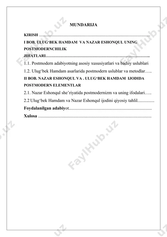 dalashdagi murakkablik, vaqt va makon tushunchasining an’anaviy qoidalardan chiqib ketishi postmodernistik tafakkurning mahsuli sifatida qaraladi. nazar eshonqulning she’riyatida esa simvolik obrazlar, o‘zaro ziddiyatli kontekstlar, ironik va falsafiy mazmunlar bilan boyitilgan shakllar postmodern g‘oyalarni ifoda etadi. mazkur kurs ishida zamonaviy o‘zbek adabiyotining ikki salmoqli vakili — ulug‘bek hamdam va nazar eshonqul asarlari postmodernizm nazariyasi asosida tahlil qilinadi. ularning asarlarida qanday postmodern xususiyatlar namoyon bo‘lishi, bu elementlar orqali qanday g‘oyaviy-falsafiy ma’no ifodalangani ochib beriladi. ishning dolzarbligi shundaki, o‘zbek adabiy tanqidida postmodernizm hali to‘liq o‘rganilmagan hodisa bo‘lib, mazkur ijodkorlar misolida bu yo‘nalishni yoritish adabiy jarayonni chuqurroq anglash imkonini beradi. kurs ishining maqsadi – ulug‘bek hamdam va nazar eshonqul asarlarida postmodernchilik tamoyillarining qanday namoyon bo‘layotganini aniqlash, ularning badiiy tafakkurida yangi shakl va mazmunning qanday ifoda topganini tahlil qilishdan iborat. i bob. ulug‘bek hamdam ijodi va uning postmodernchilik jihatlari 1.1. postmodern adabiyotning asosiy xususiyatlari va badiiy uslublari. xx asrning ikkinchi yarmida butun dunyo madaniyatida chuqur …