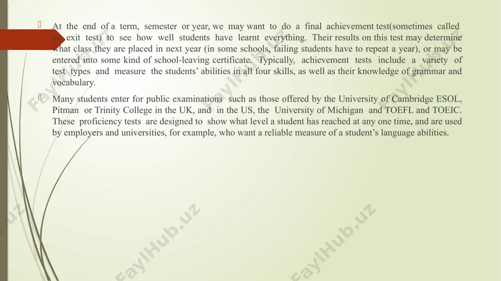 entrate on teaching the techniques for answering certain types of question rather than thinking in terms of what language students need to learn in general. this is completely understandable since teachers want as many of their students as possible to pass the test. indeed, teachers would be careless if they did not introduce their students to the kinds of test item they are likely to encounter in the exam. but this does not mean that teachers should allow such test preparation to dominate their lessons and deflect from their main teaching aims and procedures. the washback effect has a negative effect on teaching if the test fails to mirrorour teaching because then we will be tempted to make our teaching fit the test, rather than the other way round. many modern public examinations have improved greatly from their more traditional versions, so that they often do reflect contemporary teaching practice. …