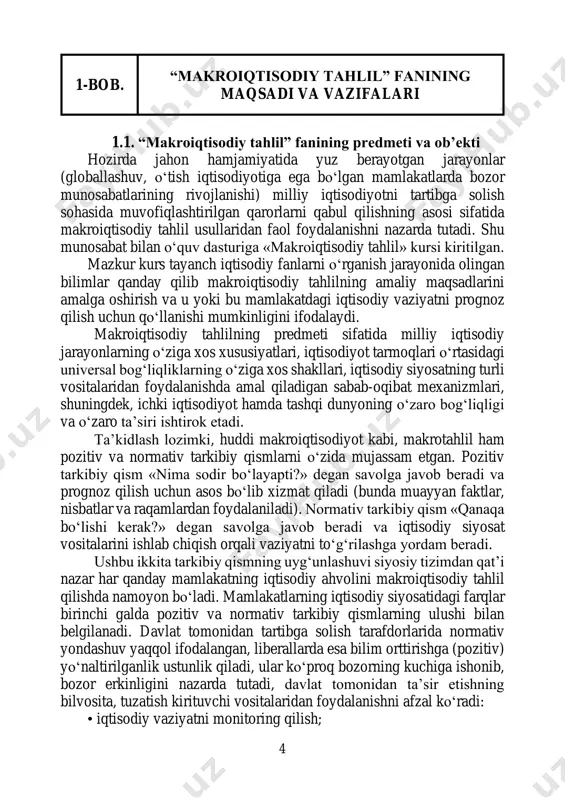 ab chiqaruvchilar va iste’molchilar faoliyatiga ta’sir etuvchi budjet, soliq, pul-kredit siyosatlari, to‘lov balansi va tashqi qarzni tahlil qilayotganda asosiy konsepsiyalar, soliq sohasi, davlat xarajatlari va kapital qarz siyosati bilan tanishtirishdan iborat. faning mazmuni– makroiqtisodiy tahlilning paydo bo‘lishi, rivojlanishi bosqichlari va xususiyatlari, uslubiyoti va usullari, makroiqtisodiy ko‘rsatkichlar axborot ob’ekti, makroiqtisodiy jarayonlarning iqtisodiy tahlili, budjet, soliq, pul, kredit siyosati, to‘lov balansi, bandlik, ishsizlik va inflatsiya darajasidagi o‘zgarishlar va ular rivojlanish qoidalarining takomillashuvining nazariy va amaliy asoslarini o‘rgatadi. makroiqtisodiy tahlilning asosiy bo‘limlari quyidagilar: makroiqtisodiy tahlilning uslubiy asoslari, makroiqtisodiy jarayonlarning iqtisodiy tahlilini o‘rganish, uni yanada rivojlantirish, takomillashtirish, mavjud imkoniyatlardan to‘liq foydalanish, erishilgan muvaffaqiyatlarni keng yoyish va yo‘l qo‘yilgan kamchiliklarning sabablarini o‘rganish hamda ularni imkoni boricha tugatishga yordam berishdan iborat. shunday qilib, makroiqtisodiy tahlilning vazifalariga quyidagilar kiradi:  makroiqtisodiy tahlilning uslubiyoti va usullarini har tomonlama o‘rganish;  real sektorni batafsil o‘rganish asosida sektorning faoliyatiga baho berish;  to‘lov balansiga ta’sir qilgan omillar va ularning sabablarini …