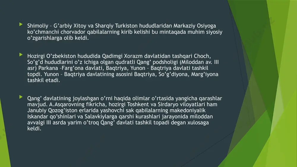 yosiy, harbiy va madaniy jihatdan rivojlanishi bilan tasniflanadi. xo’jalikning eng asosiy tarmog’i dehqonchilik va chorvachilik hisoblanadi. bu davrda sug’orish inshootlari qal’a devorlari qurilgan, sug’orilgan maydonlar kengaytirilgan. e’tiboringgiz uchun rahmat image1.png image2.png image3.png image4.png image5.png image6.png image7.png image8.png image9.png