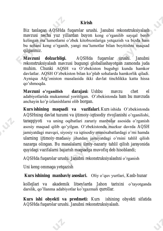 ro’yxati va ilovadan iborat. 1. aqshda fuqarolar urushini boshlanishi.1 xix asr birinchi yarmida aqshda kolonizatsiyaning (erlarni o‘zlashtirish) ikki oqimi-shimol va janub oqimlari vujudga keldi. bu erkiy va qulchilik shtatlariga bog‘liq edi. bu ikki sistema bir mamlakatda mavjud bo‘lib, shimoliy shtatlar konstitutsiyasida qulchilik taqiqlangan edi. ular manfaatlari kongressda ham to‘qnash kelar edi. 1820 yilda kompromissga muvofiq 36° 30* shimoliy kenglikdan janubiy qismi qulchilik, shimoliy qismi erkin shtatlar deb e’lon qilindi. bu quldorlarni qoniqtirmadi. ularga qarshi 1848 yilda frisoyler siyosiy partiyasi (“fri soyl”— ozod er) tuzildi va bu partiya yangi territoriyalarda qulchilikning tarqalishiga qarshi chiqdilar. meksikadan tortib olingan erlar masalasida yana kurash keskinlashdi. 1850 yilda vaqtinchalik yangi kompromiss tuzildi. oltin konlari topilgan kaliforniya kongress qarori bilan erkin shtat, nьyu - meksiko va yuta esa statusini o‘zlari hal qilsin deyildi. uch yildan keyin xuddi shu masala kanzas va nebraska territoriyalariga ham qo‘yildi. janubliklar bu erlarni “skvatterlik2 suvereniteti” ya’ni birinchi kelganlar hal qiladi deb …