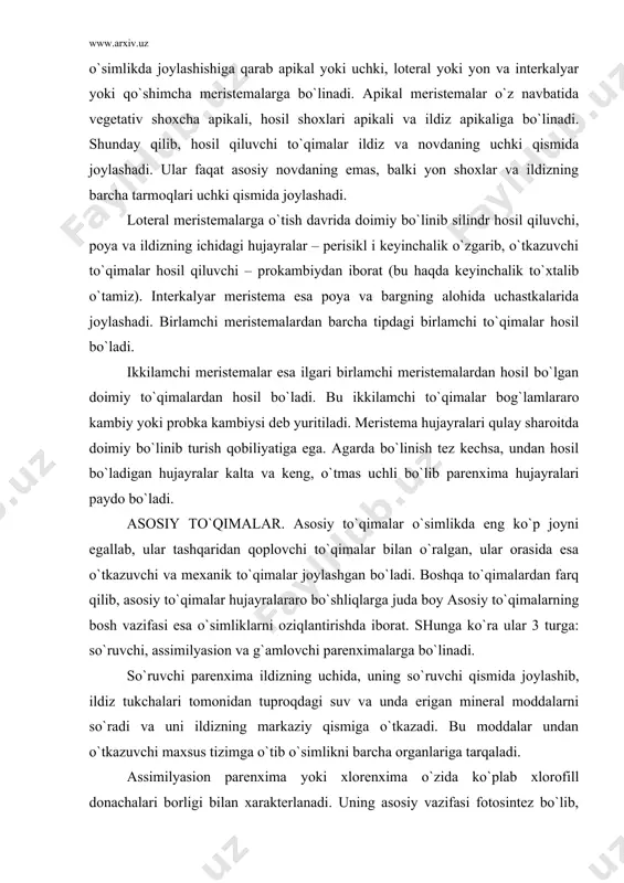 malardan farq qilib, asosiy to`qimalar hujayralararo bo`shliqlarga juda boy asosiy to`qimalarning bosh vazifasi esa o`simliklarni oziqlantirishda iborat. shunga ko`ra ular 3 turga: so`ruvchi, assimilyasion va g`amlovchi parenximalarga bo`linadi. so`ruvchi parenxima ildizning uchida, uning so`ruvchi qismida joylashib, ildiz tukchalari tomonidan tuproqdagi suv va unda erigan mineral moddalarni so`radi va uni ildizning markaziy qismiga o`tkazadi. bu moddalar undan o`tkazuvchi maxsus tizimga o`tib o`simlikni barcha organlariga tarqaladi. assimilyasion parenxima yoki xlorenxima o`zida ko`plab xlorofill donachalari borligi bilan xarakterlanadi. uning asosiy vazifasi fotosintez bo`lib, birlamchi mahsulotlar hosil qilishdan iborat uglevodlar hosil bo`lishi faqat xloroplastlar borligi bilan emas, balki quyosh nuri tushishiga ham bog`liq. shu sababli xlorenxima, odatda barg po`stining ostida, yashil novdalarda joylashib, ularga chuqur singib boradi. bargning ustki qismida unga perpendikulyar joylashgan prizmasimon hujayralar bo`lib, ular polisad yoki ustunsimon to`qimalar deyiladi. barg ostidagi to`qimalar esa siyrak joylashadi va bulutsimon yoki gubkali parenxima deyiladi. gubkali to`qimalar xlorofill donachalari bo`lsada, ular asosan gaz almashinuvi va …