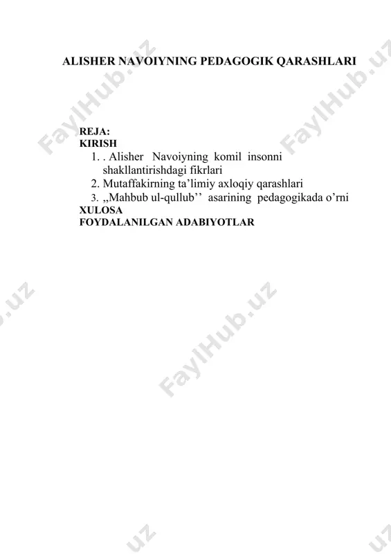 abon fard.[4.31-b] navoiy farhod nomining arab yozuvidagi harflariga ramziy ta’rif berib, u firoq, rashk, hajr, oh va darddan iborat deydi. negaki ilohiy ishq kishisi haq va o’zi orasida to’siq bo’lib turgan o’tkinchi dunyo va jismdan qutilguncha shu iztiroblarni chekishi shart bo’ladi. 1. alisher navoiyning komil insonni shakllantirishdagi o`tmishdagi buyuk mutafakkirlarning dono fikrlari, o`gitlari, tafakkur mevalari, ijodiy yutuqlarini o`rganish xalqimizning ma’naviy dunyosini kengaytirish bilan bir qatorda, yosh avlodning barkamol inson bo`lib yetishishida muhim vositalardan biri sanaladi. shu nuqtayi nazardan qaraganda, sharq murafakkirlaridan biri, o`zbek adabiyotining zabardast siymosi, komil inson kuylovchisi, buyuk mutafakkir alisher navoiy merosini o`rganish, undan ta’limtarbiya jarayonida foydalanish har bir pedagogning vazifasi hisoblanadi. alisher navoiy xalqimizning ongi va tafakkuri badiiy madaniyati tarixida butun bir davrni tashkil etadigan buyuk shaxs , milliy adabiyotimizning tengsiz namoyondasi, millatimizning g`ururi ,sha`n –u sharafini dunyoga tarannum qilgan o`lmas so`z sa`natkoridir. ta`bir joiz bo`lsa , olamda turkey va forsiy tilde so`zlovchi biron bir inson yo`qki …