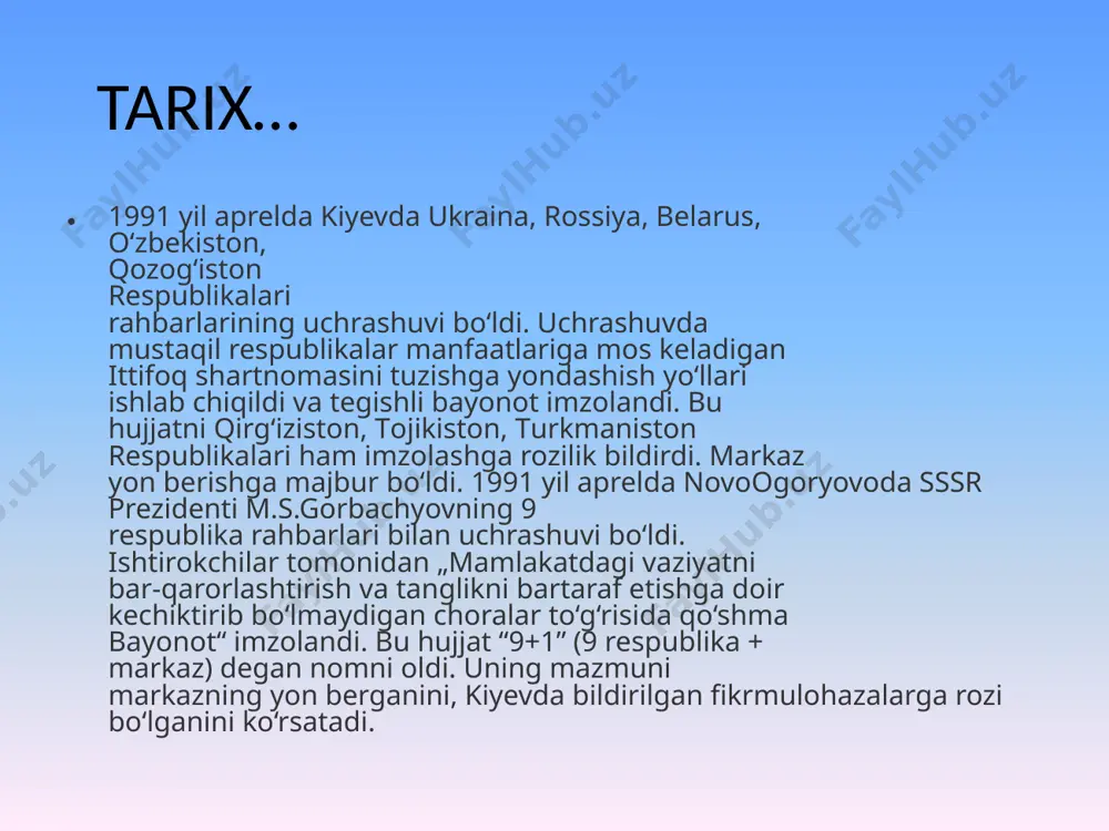 lgilash, o‘zlari uchun munosib turmush yaratish erkinligini berdi. тarixdan bizga ma’lumki, qadim zamonlardan boshlab u yoki bu mintaqalarda yirik imperiyalar vujudga kelib, ko‘plab xalqlarni o‘z manfaatlariga bo‘ysundirgan, asoratga solgan. biroq ularning barchasi mazlum xalqlarning ozodlik, mustaqillik uchun kurashlari natijasida parchalanib ketgan. image1.jpeg image2.jpeg image3.jpeg image4.jpeg image5.jpeg image6.jpeg image7.jpeg image8.jpeg image9.jpeg image10.jpeg image11.jpeg image12.jpeg image13.jpeg image14.jpeg /docprops/thumbnail.jpeg