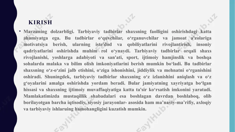 oshqalardan ajralib turuvchi, muayyan xulq-atvor va dunyoqarashga ega bo‘lgan jamiyatning a'zosini ifodalashga xizmat qiladi. odam shaxs bo‘lishi uchun psixik jihatdan rivojlanishi, o‘zini yaxlit inson sifatida his etishi, o‘z xususiyatlari va sifatlari bilan boshqalardan farq qilmog‘i kerak.kadrlar tayyorlash milliy modelida shaxs kadrlar tayyorlash tizimining bosh subyekti va obyekti, ta'lim sohasidagi xizmatlarining iste'molchisi va ularni amalga oshiruvchi sifatida ta’riflanadi[11] shaxs rivojlanishi. odamning ijtimoiy mavjudot sifatida shaxsga aylanishi uchun ijtimoiy muhit sharoitlari va tarbiya kerak bo‘ladi. ana shular ta'sirida odam inson sifatida rivojlanib boradi va shaxsga aylanadi.rivojlanish shaxsning fiziologik va intellektual o‘sishida namoyon bo‘ladigan miqdor va sifat o‘zgarishlar mohiyatini ifoda etuvchi murakkab jarayondir. rivojlanish mohiyatan oddiydan murakkabga, quyidan yuqoriga, eski sifatlardan yangi holatlarga o‘tish, yangilanish, yangining paydo bo‘lishi, eskining yo‘qolib borishi, miqdor o‘zgarishining sifat o‘zgarishiga o‘tishini ifodalaydi. rivojlanishining manbai qarama-qarshiliklarni o‘rtasidagi kurashdan iboratdir. bola shaxsining rivojlanishi inson ijtimoiy mavjudotdir degan falsafiy ta'limotga asoslanadi. ayni vaqtda inson tirik, biologik mavjudot hamdir. demak, uning rivojlanishida …