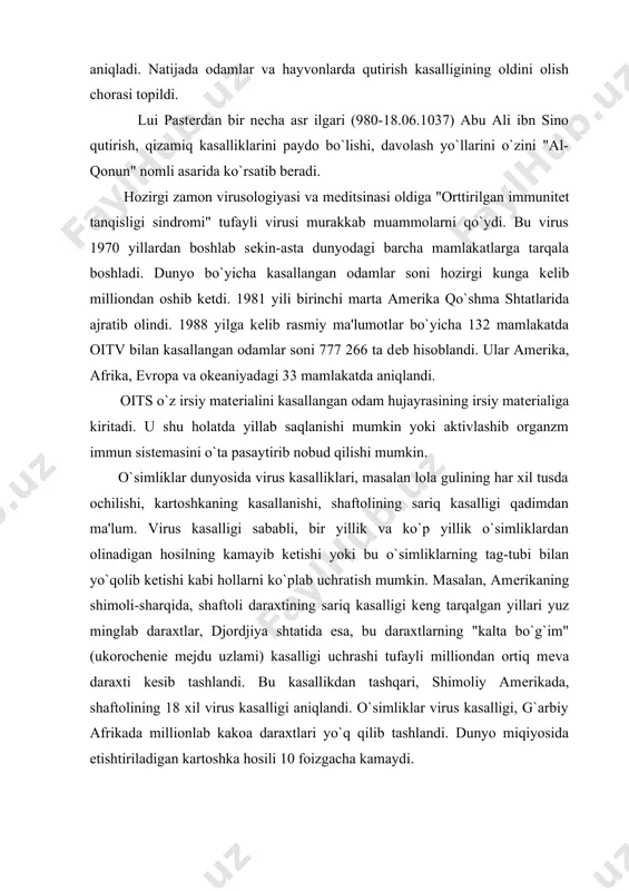 araxtining sariq kasalligi kеng tarqalgan yillari yuz minglab daraxtlar, djordjiya shtatida esa, bu daraxtlarning "kalta bo`g`im" (ukorochеniе mеjdu uzlami) kasalligi uchrashi tufayli milliondan ortiq mеva daraxti kеsib tashlandi. bu kasallikdan tashqari, shimoliy amеrikada, shaftolining 18 xil virus kasalligi aniqlandi. o`simliklar virus kasalligi, g`arbiy afrikada millionlab kakoa daraxtlari yo`q qilib tashlandi. dunyo miqiyosida еtishtiriladigan kartoshka hosili 10 foizgacha kamaydi. tamaki mozaikasi virus ta'sirida qo`shma shtatlarning o`zida, tamakidan kеlgan zarar 18 143,7 tonnani tashkil etdi. angliya parniklarida еtishtiriladigan pomidor hosilining kamayib kеtishi ham virus kasalliklarining natijasidadir. virus kasalligi ko`pgina o`simliklar, jumladan, qulupnay va malinaning qimmatbaho navlarining yo`qolib kеtishiga sabab bo`lmoqda karam, lavlagi, dukkakli o`simliklar, qovoqsimonlar, gullar va xokazolarning ham viruslari bilan kasallanishi qishloq xo`jaligiga ko`plab zarar еtkazadi. yillar o`tishi bilan bu kasalliklarni kеltirib chiqaruvchi sabablar aniqlana boshladi. ayniqsa d.i.ivanovskiy tomonidan viruslarning kashf etilishi mikroorganizmlar dunyosining juda kеngligini va baktеriyalardan ham mayda bo`lgan hujayrasiz organizmlar mavjud ekanligini ko`rsatadi. bular baktеriyalarni tutib qoluvchi chinni …