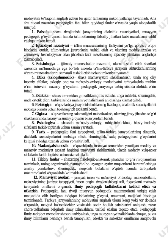 qituvchilarning kasbiy mahoratlarini oshirish, takomillashtirish muammolarini o„rganadi. 8. pedagogik texnologiya– ta'lim va tarbiya jarayonida zamonaviy pedagogik texnologiyalarni qo„llash, texnologik yondashuv asosida ta'lim va tarbiya jarayonining samaradorligini oshirish muammolarini o„rganadi. 9. ijtimoiy pedagogika– shaxsni ijtimoiylashtirish jarayoniga salbiy ta'sir etuvchi omillarni, ularni bartaraf etish yo„llarini, ijtimoiy yordamga muhtoj shaxslar toifalariga ko„rsatiladigan ijtimoiy-pedagogik yordam mohiyatini, turlari. shakl, metod va vositalarini o„rganadi. 10. kasbiy pedagogika– ta'lim oluvchilarga muayyan kasb yoki hunar yo„nalishida maxsus bilimlarni berish asosida ularda amaliy ko„nikma hamda malakalarni shakllantirish, kasbiy faoliyatni malakali tashkil etish, kasbiy mahoratni takomillashtirish masalalarini o„rganadi. 11.ta'lim menejmenti– ta'lim muassasalarining faoliyatini yo„lga qo„yish, boshqarish, nazorat qilish, istiqbolni belgilash masalalarini o„rganadi. 12. qiyosiy pedagogika– turli xalqlarning shaxsni tarbiyalashga oid pedagogik qarashlari, ta'lim-tarbiya tizimi, pedagogik ta'limotlarning mohiyati, shuningdek, jahon ta'limiga xos bo„lgan samarali shakl, metod, vosita va innovatsion yondashuvlarni qiyosiy-genetik jihatdan o„rganadi. 13. konfliktologiya – ta'lim jarayonida yuzaga keladigan pedagogik muammolar, ta'lim ouvchi va ta'lim beruvchi o„rtasida yuzaga kelgan ziddiyatlar …