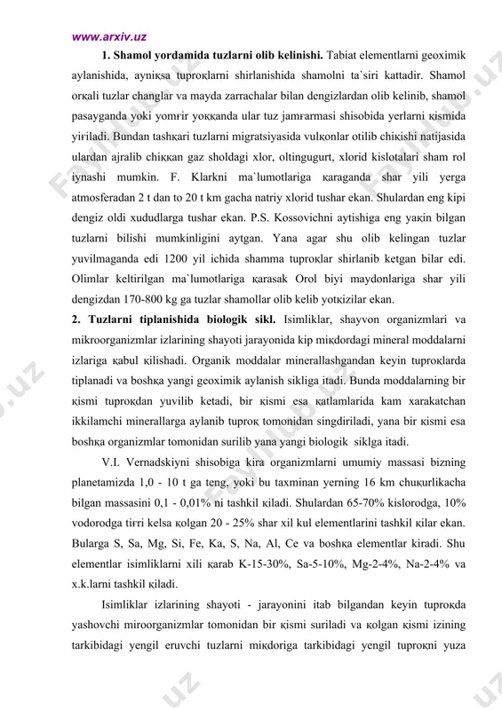 gdirish kompleksidan na ni siқib chiқarada va bu jarayon tuproқlarda shirtobsizlanish deb yuritiladi. adabiyotlar: 1. p.uzoqov, i.boboxo`jayev – «tuproqshunoslik». t.: «meshnat» 1995. 2. m.a.pankov - “meliorativnoye pochvovedeniye”. t.: “o`qituvchi” 1974. 3. i.i.plyusnin, a.i.golovanov - “meliorativnoye pochvovedeniye”. m.: “kolos” 1983. 4. m.a.pankov - “tuproqshunoslik”. t.: “o`qituvchi” 1970. 5. m.bashodirov, a.rasulov - “tuproqshunoslik”. t.: “o`qituvchi”. 1970. 6. x.m. maxsudov - “eroziya pochv aridnoy zoni”. t.: “fan”. 1982. 7. o.k.komilov - “melioratsiya zasolennix pochv uzbekistana”. -t.: «fan» 1985. 8. k.gedroyts - “solonsi, ix proisxojdeniye, svoystva i melioratsiya”. izbr. tr. m.: 1928.