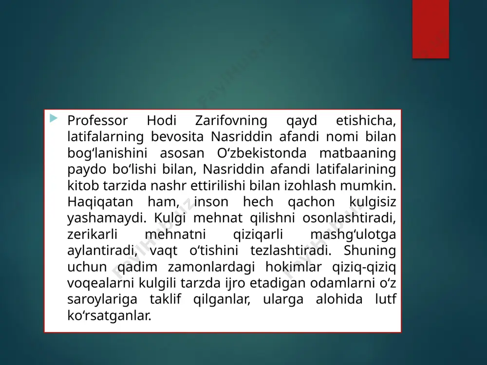 ing nechada? – odam atodan yetti muchal kattaman, – deb javob berdi chaqirib kelgan lofchi. bu javobdan ikkinchi lofchi ho‘ngrab yig‘lay boshladi. – nega muncha to‘lib yig‘layapsiz? – sen tug‘ilgan yili mening bir uylik-joylik o‘g‘lim o‘lgan edi, shu esimga tushib ketdi, – dedi ikkinchisi. shunday qilib, loflarda o‘zbekning kulgiga moyil xalq ekani yana bir bor namoyon bo‘ladi. loflar xalqimizning zukkoligini, fikrlash chegarasi beqiyos ekanligini, so‘zga chechan va hozirjavobligini dalillovchi janrlardan biri hisoblanadi. /docprops/thumbnail.jpeg