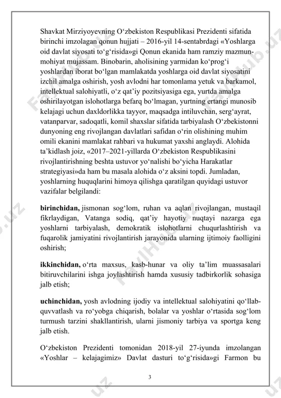ganligini ko‘rish mumkin. bundan tashqari shavkat mirziyoyev tomonidan ijtomoiy, ma’naviy-ma’rifiy sohalardagi sa’y-harakatlarni tizimli asosda yo‘lga qo‘yish bo‘yicha 5 ta muhim tasabbusning ilgari surilishi o‘zbekiston tarixida yoshlar ta’lim-tarbiyasi bo‘yicha yana bir yangi bosqichni boshlab berdi. birinchi tashabbus – yoshlarning musiqa, rassomlik, adabiyot, teatr va san’atning boshqa turlariga qiziqishlarini oshirishga, iste’dodini yuzaga chiqarishga xizmat qiladi. ikkinchi tashabbus – yoshlarni jismoniy chiniqtirish, ularning sport sohasida qobiliyatini namoyon qilishlari uchun zarur sharoitlar yaratishga yo‘naltirilgan. uchinchi tashabbus – aholi va ва yoshlar o‘rtasida kompyuter texnologiyalari va internetdan samarali foydalanishni tashkil etishga qaratilgan. to‘rtinchi tashabbus – yoshlar ma’naviyatini yuksaltirish, ular o‘rtasida kitobxonlikni keng targ‘ib qilish bo‘yicha tizimli ishlarni tashkil etishga yo‘naltirilgan. beshinchi tashabbus – xotin-qizlarni ish bilan ta‘minlash masalalarini nazarda tutadi. umuman, yoshlarning ta’lim olishi, kasb-hunar egallashi, yetuk insonlar bo‘lib ulg‘ayishi yo‘lida zamonaviy, ilg‘or-innovatsion shart-sharoitlarni yaratib berish uchun o‘zbekiston bor kuch va imkoniyatlarini ishga solmoqda. chunki yosh avlodni har tomonlama qo‘llab-quvvatlash, ma’naviy yetuk, jismonan sog‘lom, vatanparvar …