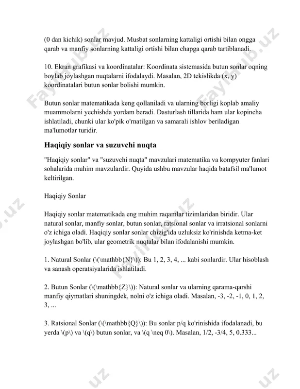 - exponent (daraja) - sonning qanday katta yoki kichikligini ko'rsatadi. - mantissa/significand - sonning aniq raqamlarini ifodalaydi. 3. aniq va noto'g'ri: suzuvchi nuqta bilan hisoblashda ba'zan ezilish muammolari paydo bo'lishi mumkin, ya'ni sonlar noodatiy aniq bo'lmasligi mumkin. bu matematik operatsiyalarni o'rinli raqamlar bilan yaqinlashish asosida amalga oshiriladi. 4. qulaylik va cheklovlar: suzuvchi nuqta sonlar kompyuter xotirasida joyni tejaydi va keng raqamlar to'plamini ifodalashga imkon beradi, lekin shu bilan birga, ularda aniqlik cheklovlari ham mavjud. 5. dasturiy ishlatilish: suzuvchi nuqta sonlar dasturlash tillari, jumladan, python, c++, java va boshqa ko'plab tillarda asosiy sonlar formatidan biri sifatida qo'llaniladi. haqiqiy sonlar va suzuvchi nuqta alohida mavzular bo'lsa-da, ular matematikada va kompyuter fanida keng qo'llaniladi va ko'plab ilmiy va muhandislik hisob-kitoblarida muhim o'rin egallaydi. matn satrlari (strings) matn satrlari (yoki satrlar) bu kompyuter fanlarida ma'lumotlarni ifodalash usullaridan biri bo'lib, ular belgilar to'plamidan tashkil topgan. matn satrlari ko'pincha dasturlash tillarida alohida tur sifatida mavjud bo'ladi …