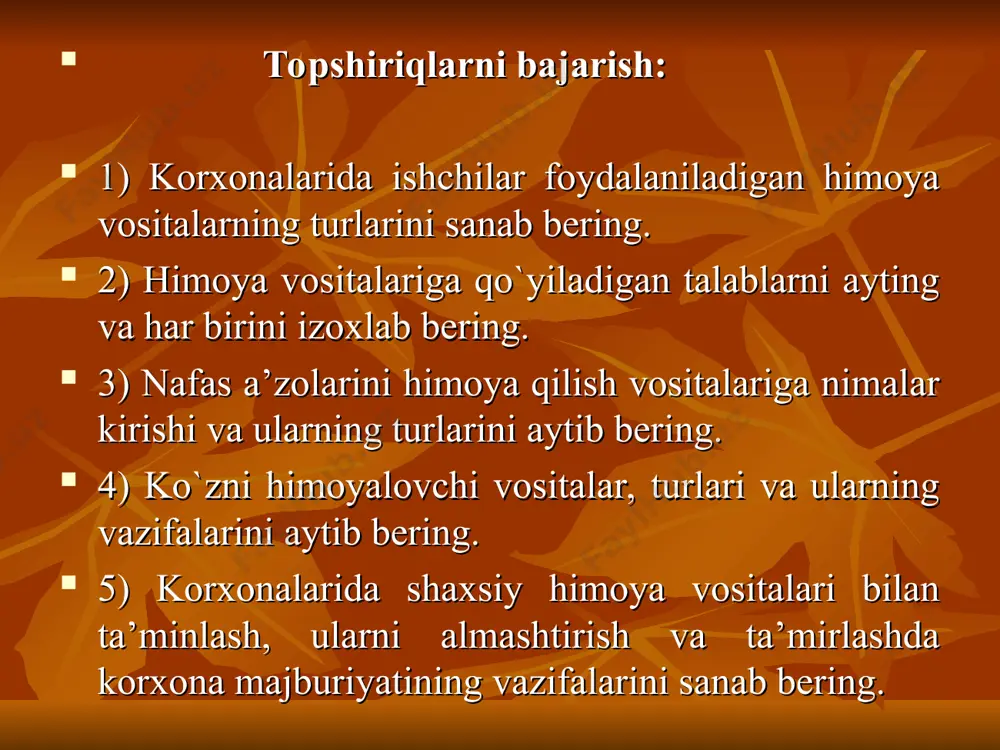 larga kelgusi sinov muddati haqida tamg`a qo`yish. maxsus korjoma ishchilarni tashqi muhitning salbiy ta‘siridan saqlash uchun mo’ljallangan. bunda kishi tanasining havo almashish funktsiyasi buzilmasligi kerak. u juda qulay, havoni o`tkazuvchan, ish sharoitida xavfsiz, osilib yoki chiqib turuvchi qismlari bo`lmasligi kerak. ular pishiq, yengil tozalanadigan badanni qichitmaydigan matodan tikiladi. harakatlanib turuvchi mexanizmlar yaqinida ishlovchilarga paxta ipidan to`qilgan, belbog`siz, ichki cho`ntakli kombinezonlar beriladi. qo`llarni jarohatlanishdan saqlash uchun esa qo`lqoplar beriladi. boshga uchburchak ro’mol, erkaklarga biretkalar beriladi. kislota bilan ishlaydigan ishchilarga dag`al jundan yoki paxta ipidan to`qilgan, kislota ta‘siriga qarshi modda shimdirilgan matolardan to`qilgan shim va kurtkalar beriladi. hozirgi paytda kislota va ishqorlar ta‘siriga chidamli sintetik tolalar (lavsan, nitron) va jun tolalari bilan aralashtirilgan yoki faqat sintetik tolalardan to`qilgan matolar keng qo`llanilmoqda. kislota bilan bevosita ishlovchilarga rezina shimdirilgan fartuklar, qo`llariga kiyish uchun dag`al junqo`lqoplar beriladi. ishqor bilan ishlovchilarga paxta ipidan tikilgan kostyum va fartuklar beriladi. maxsus poyafzal ishchining oyoqlarini har xil zararli modda …