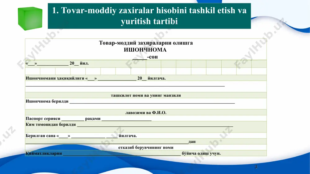 iymati) bo‘yicha hisobga olinadi. * b) mahsulot ishlab chiqarishda yoki xo‘jalik ehtiyojlari uchun sarflanadigan, texnik maqsadlar va ishlab chiqarish jarayoniga yordamlashishda ishtirok etadigan yordamchi materiallar; v) qayta ishlash uchun tayyorlangan qishloq xo‘jaligi mahsulotlari va h.k.; g) yem-xashak va to‘shamalar. o‘zida ishlab chiqarilgan yem-xashak va to‘shamalar yil oxirida haqiqiy tannarxiga to‘g‘rilash bilan yil davomida reja tannarxi bo‘yicha aks ettiriladi. 1010 "xom ashyo va materiallar" schyotida quyidagilarning mavjudligi va harakati hisobga olinadi: a) ishlab chiqarilayotgan mahsulotning tarkibiga kiradigan, uning asosini tashkil etadigan yoki uni tayyorlashda (ishlab chiqarishda) zarur tarkibiy qismlar hisoblaniladigan xom ashyo va asosiy materiallar; 1020 "sotib olingan yarim tayyor mahsulotlar va butlovchi buyumlar" schyotida yig‘ishda va qayta ishlov berishda xarajat talab qiladigan ishlab chiqarilayotgan (qurilish) mahsulotni butlash uchun ishlab chiqarish kooperatsiyasi tartibida xarid qilingan, sotib olingan yarim tayyor mahsulotlar, tayyor butlovchi buyumlar, qurilish detallari va konstruksiyalarining mavjudligi va harakati hisobga olinadi. * 1030 "yoqilg‘ilar" schyotida neft' mahsulotlari, yoqilg‘i-moylash materiallari (yomm) …