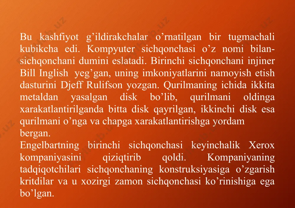hasi o‘rnini bosuvchi yangi qurilma yaratildi kompyuter sichqonchasi o‘rnini bosadigan yangi qurilma yaratildi va flow deb nomlandi,deya xabar bermoqdaengadget. silindr shaklidagi, joyidan qo‘zg‘almaydigan manipulyatorxokkey shaybasidan sal kichikroq hajmga ega: diametri 70, balandligi 15 millimetrga teng. flow’ning gardishi aylanadi, ustki yuzasi sensorli smartfon kabi barmoq tekkizilishi yoki bosilishini farqlaydi. manipulyatordagi yorug‘lik datchigi va infraqizil sensorlar uni barmoqni tekkizmasdan ham turib boshqarish imkonini beradi. qurilma kompyuterga bluetooth orqali ulanadi. unga joylangan akkumulyator zaryadi to‘rt oyga yetadi. ayni paytda flow os x bilan ishlay oladi, biroq tez orada u ios, android va windows’ga ham moslashtiriladi. loyiha haqidagi ma’lumot indiegogo kraudfanding saytiga joylashtirilgan, hozircha zarur mablag‘ning 34 foizi yig‘ilgan. flow 2015-yil iyunidan keyin 135 dollardan sotuvga chiqishi ko‘zda tutilgan. image2.png image3.png image4.png image5.png image6.png image7.png image8.png image9.png image10.png image11.png image1.png